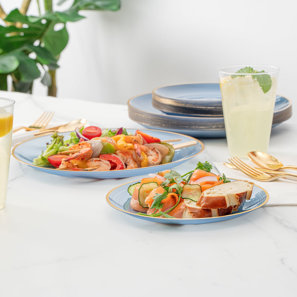 Moderna Round Blue Translucent Plastic Gold-Rimmed Plate Set - Rippled, Includes 7 1/4" and 10" Plates - 200 count box