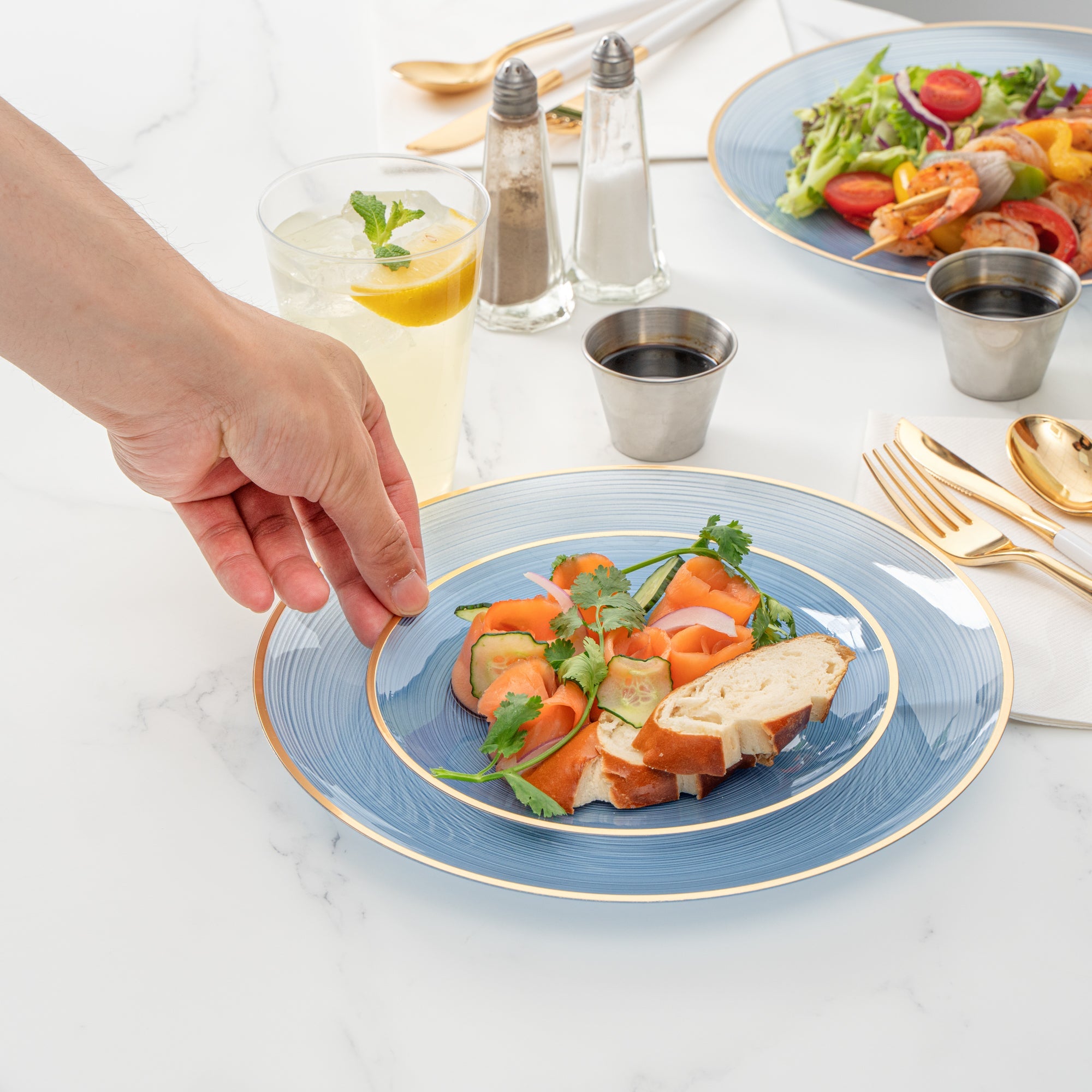 Moderna Round Blue Translucent Plastic Gold-Rimmed Plate Set - Rippled, Includes 7 1/4" and 10" Plates - 200 count box