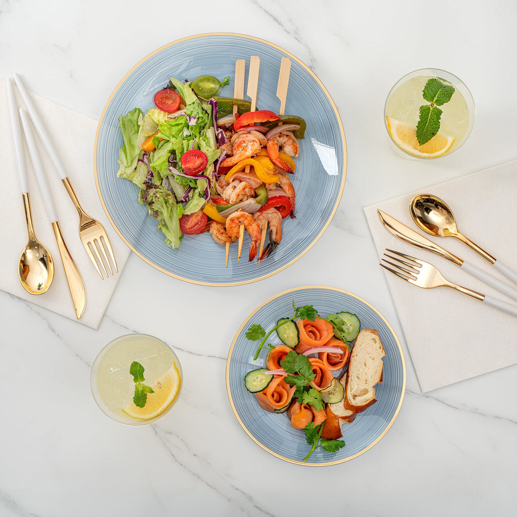 Moderna Round Blue Translucent Plastic Gold-Rimmed Plate Set - Rippled, Includes 7 1/4" and 10" Plates - 200 count box