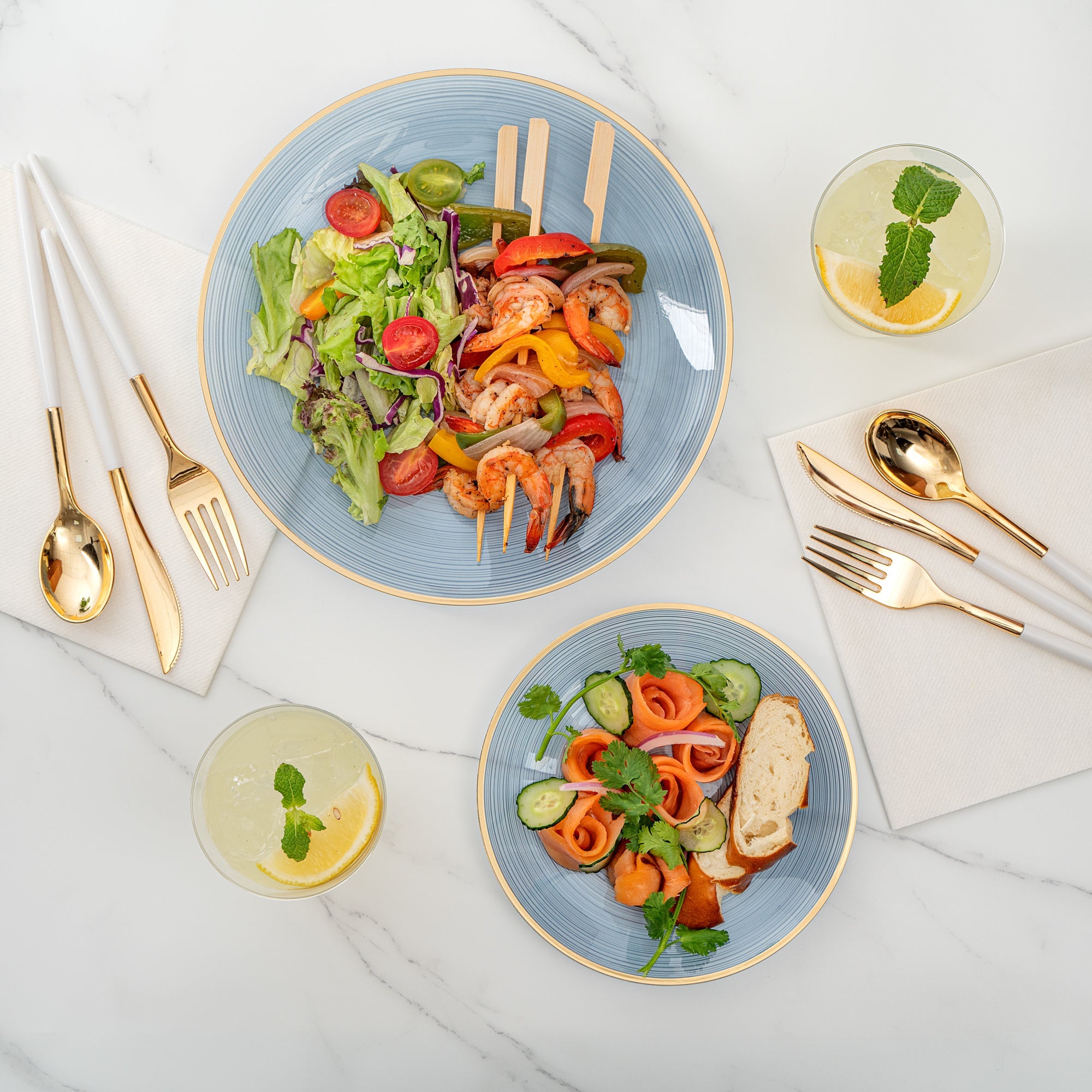 Moderna Round Blue Translucent Plastic Gold-Rimmed Plate Set - Rippled, Includes 7 1/4" and 10" Plates - 200 count box