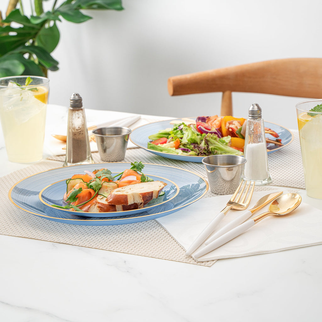 Moderna Round Blue Translucent Plastic Gold-Rimmed Plate Set - Rippled, Includes 7 1/4" and 10" Plates - 200 count box