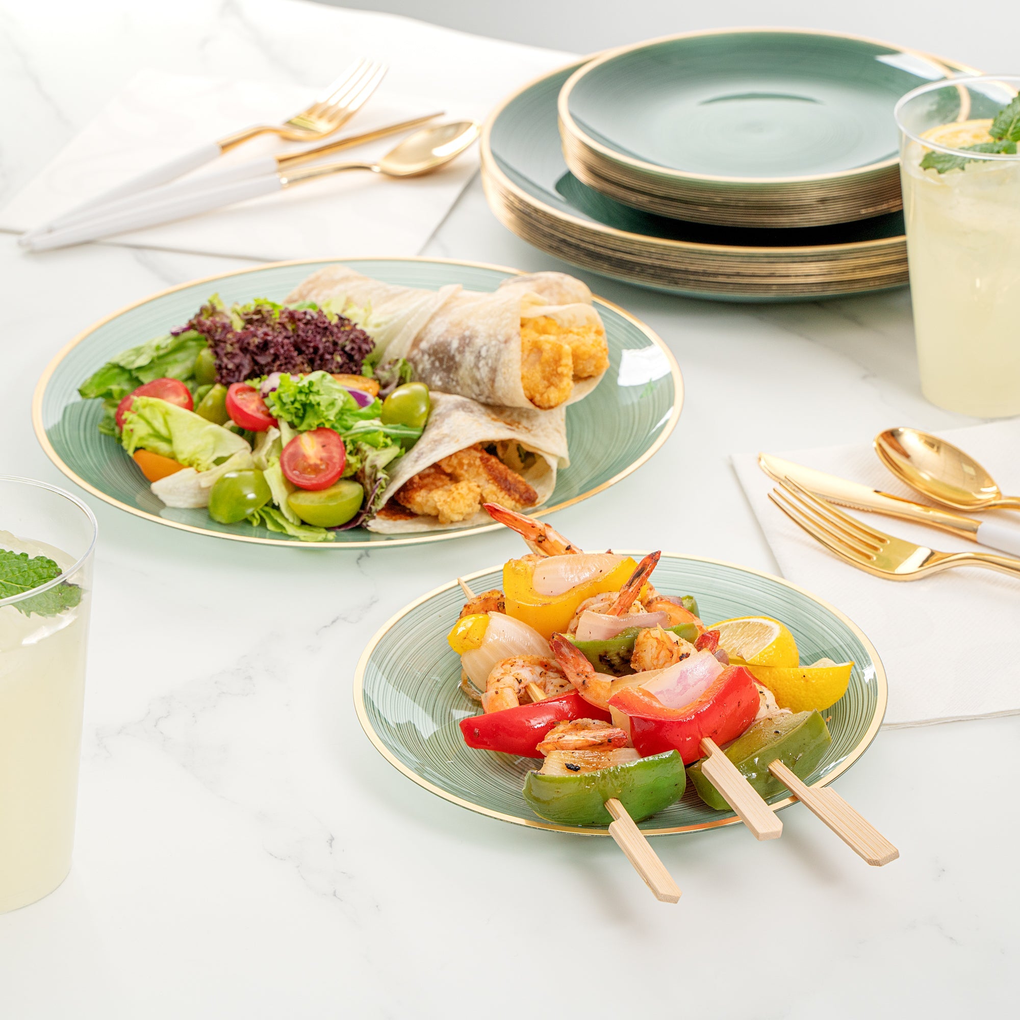 Moderna Round Green Translucent Plastic Gold-Rimmed Plate Set - Rippled, Includes 7 1/4" and 10" Plates - 200 count box