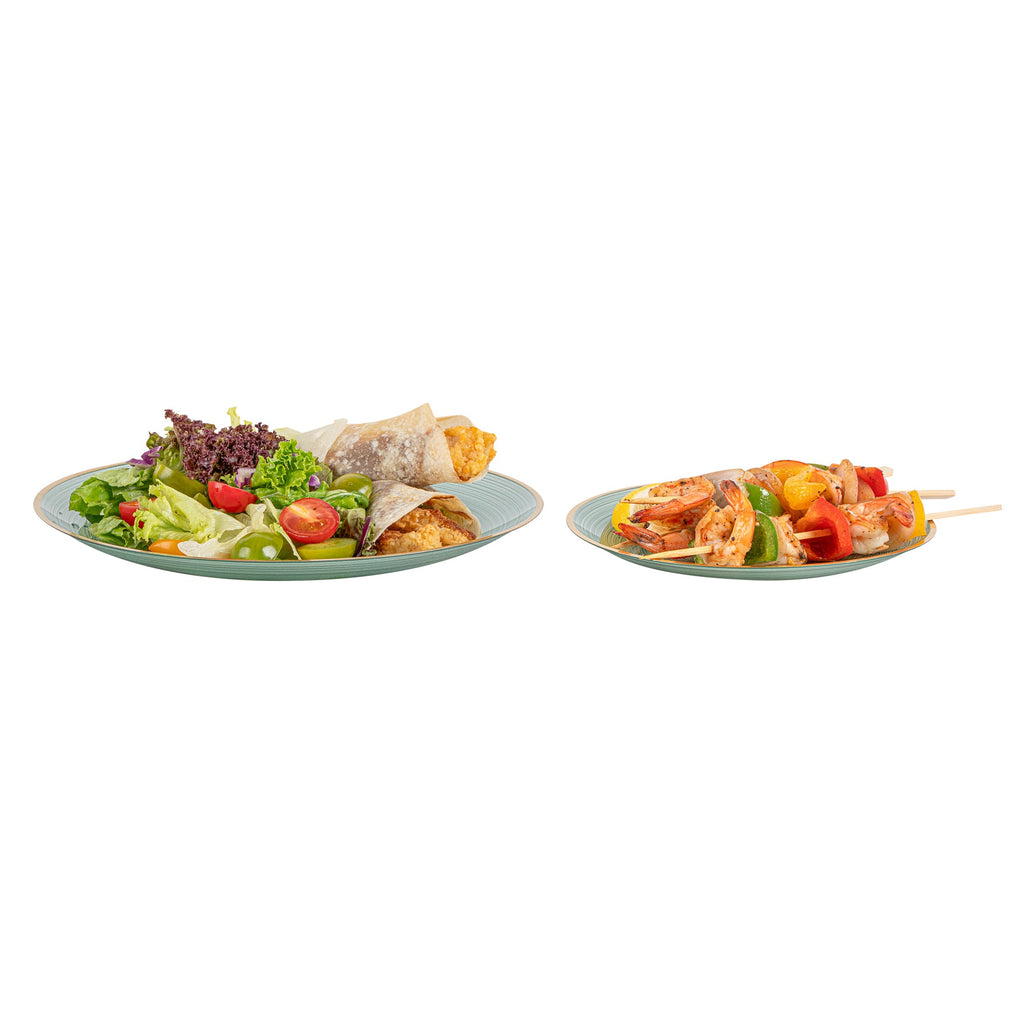 Moderna Round Green Translucent Plastic Gold-Rimmed Plate Set - Rippled, Includes 7 1/4" and 10" Plates - 40 count box