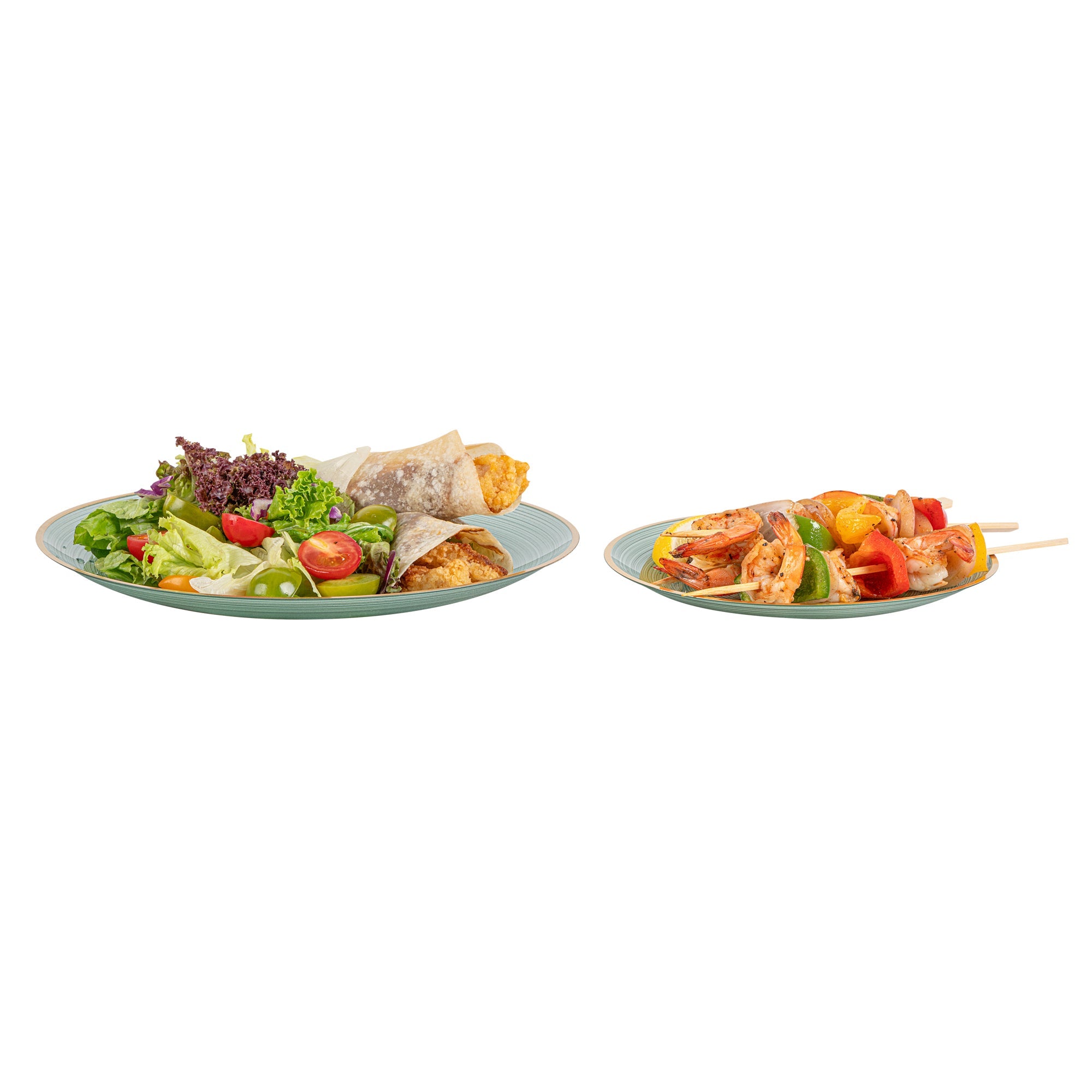 Moderna Round Green Translucent Plastic Gold-Rimmed Plate Set - Rippled, Includes 7 1/4" and 10" Plates - 40 count box