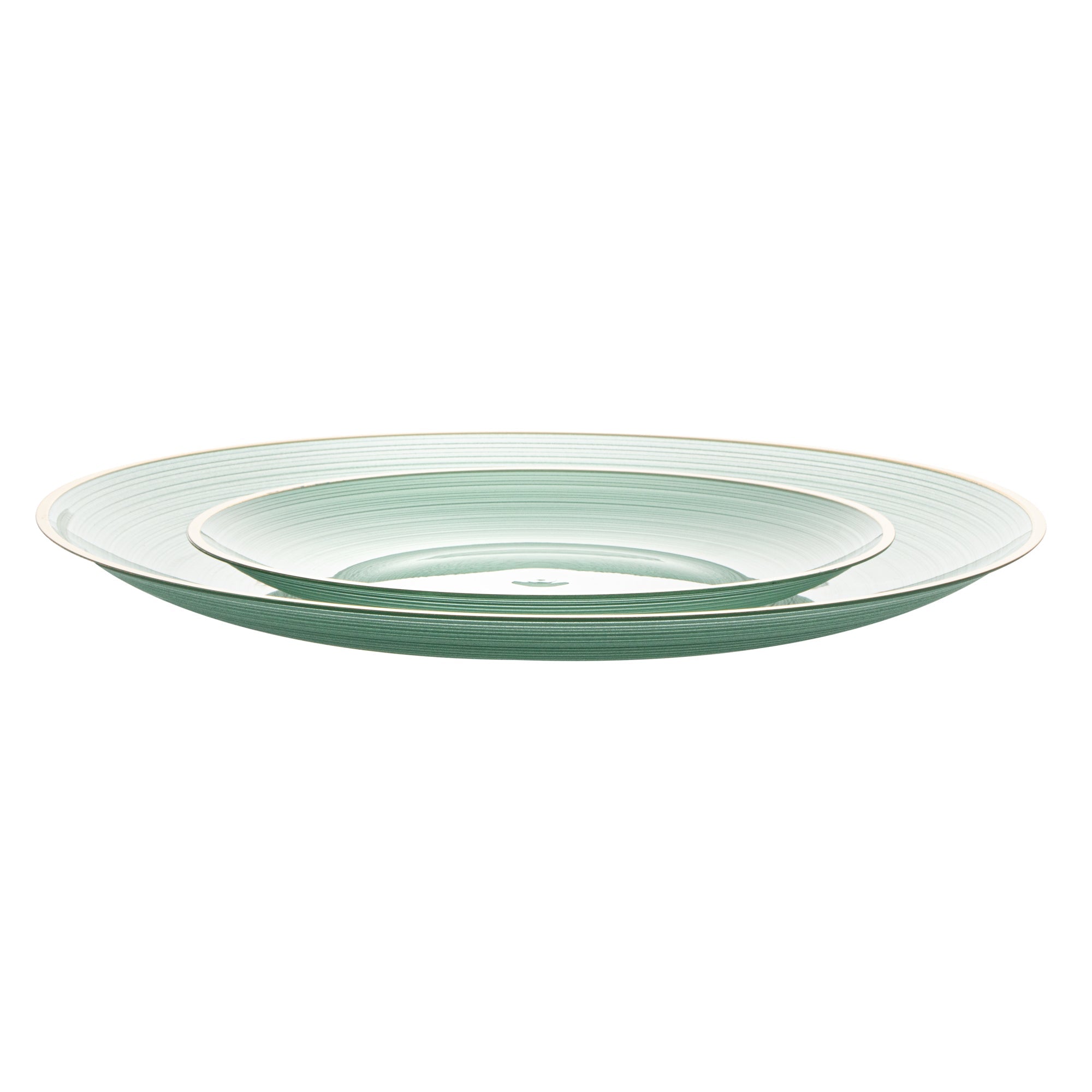 Moderna Round Green Translucent Plastic Gold-Rimmed Plate Set - Rippled, Includes 7 1/4" and 10" Plates - 40 count box