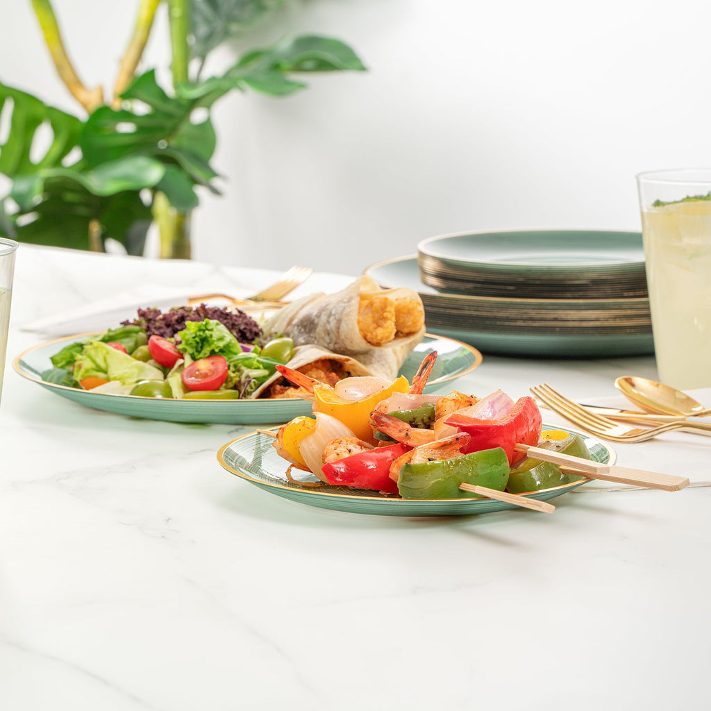Moderna Round Green Translucent Plastic Gold-Rimmed Plate Set - Rippled, Includes 7 1/4" and 10" Plates - 40 count box