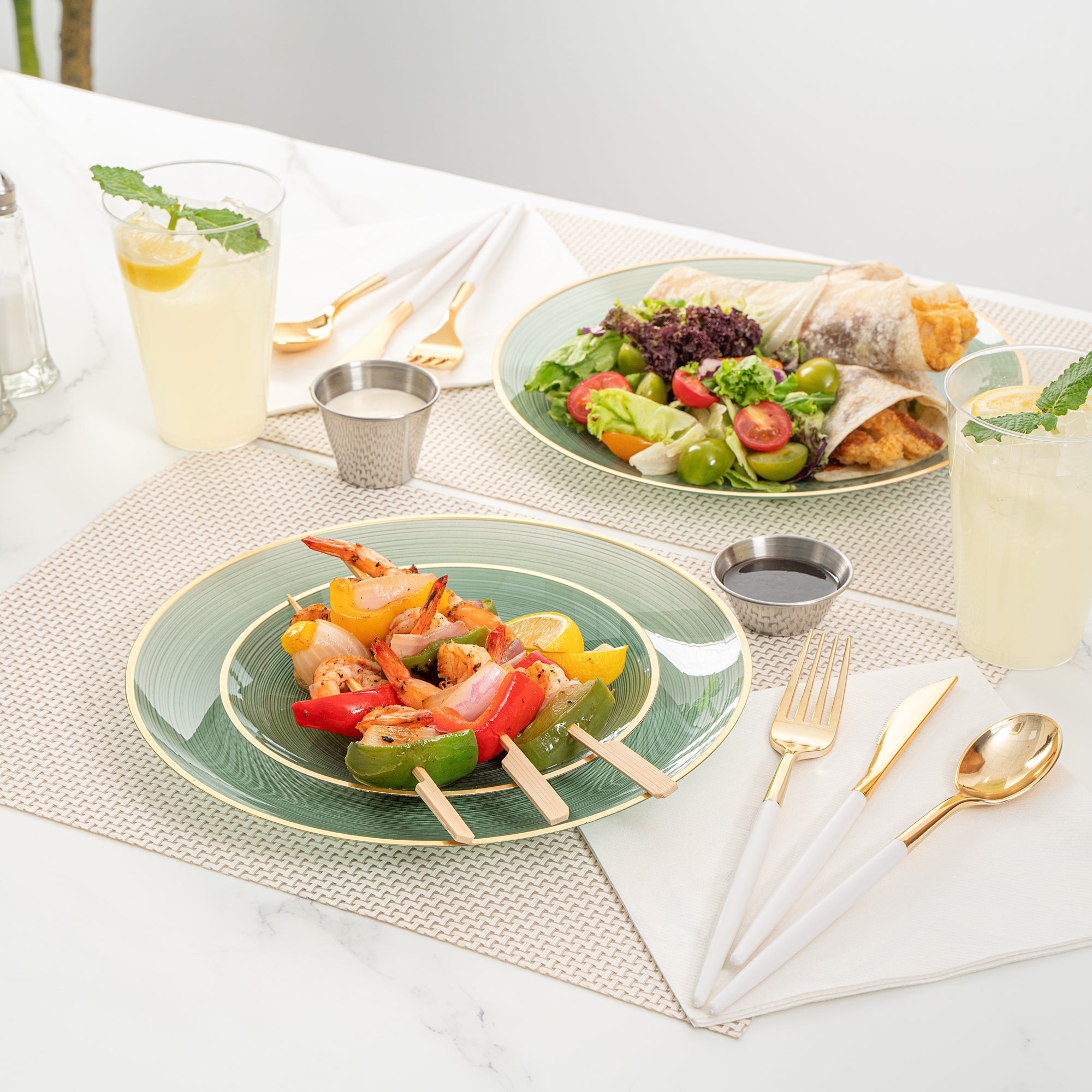 Moderna Round Green Translucent Plastic Gold-Rimmed Plate Set - Rippled, Includes 7 1/4" and 10" Plates - 40 count box