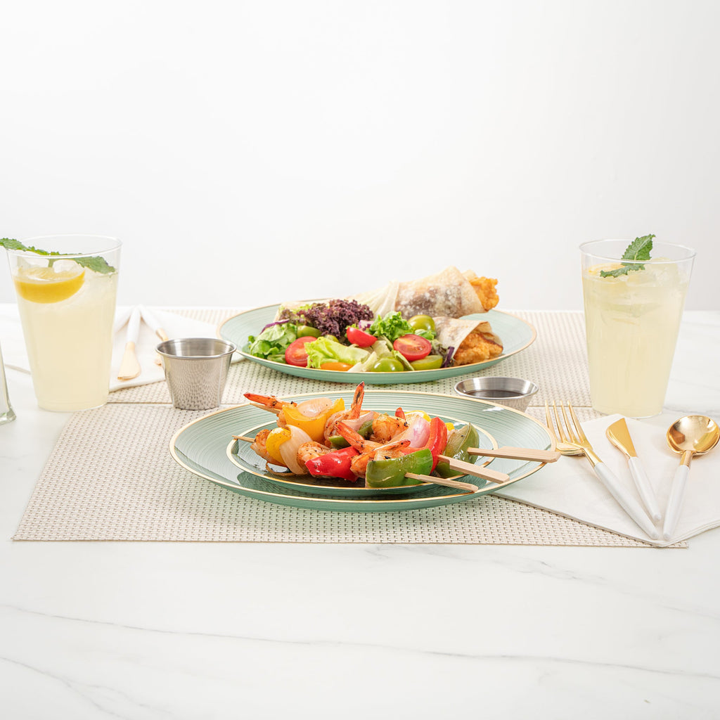 Moderna Round Green Translucent Plastic Gold-Rimmed Plate Set - Rippled, Includes 7 1/4" and 10" Plates - 40 count box