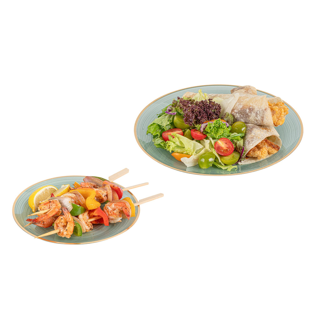 Moderna Round Green Translucent Plastic Gold-Rimmed Plate Set - Rippled, Includes 7 1/4" and 10" Plates - 200 count box