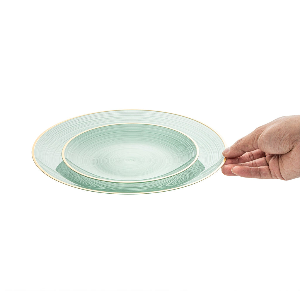 Moderna Round Green Translucent Plastic Gold-Rimmed Plate Set - Rippled, Includes 7 1/4" and 10" Plates - 200 count box