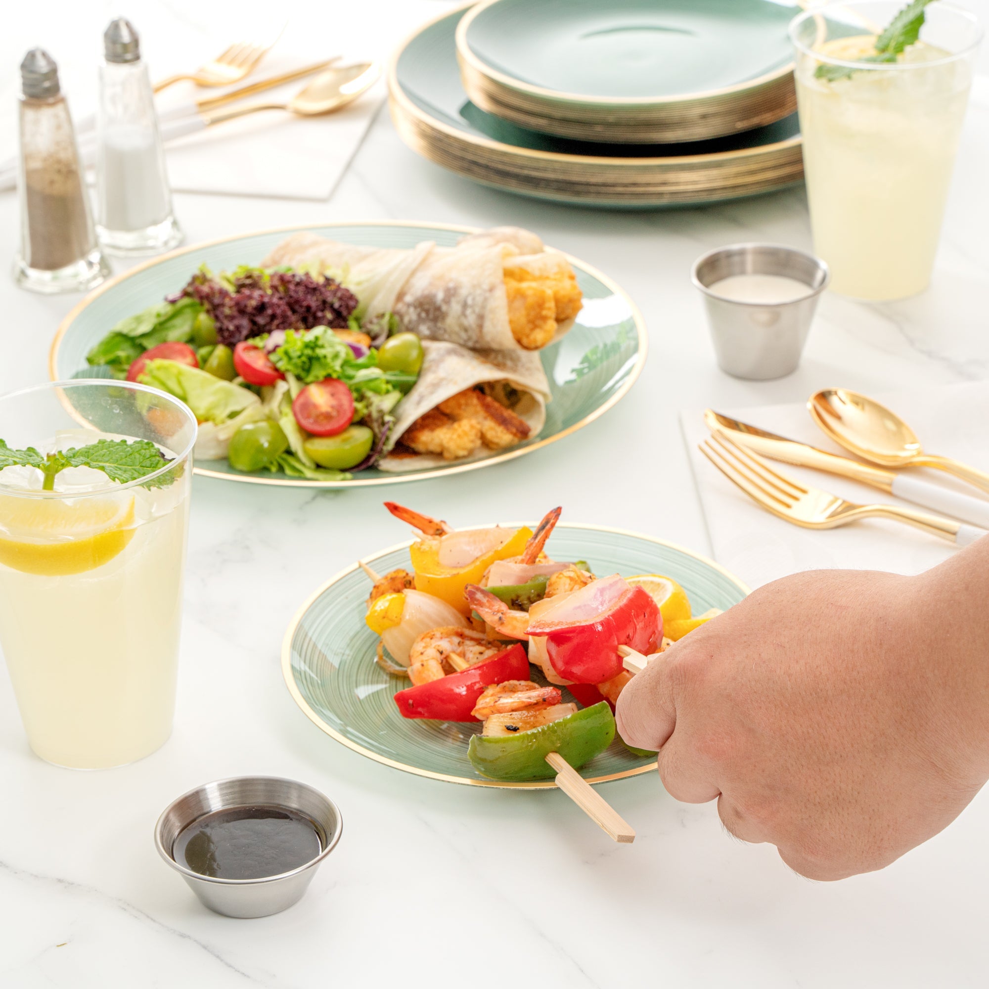 Moderna Round Green Translucent Plastic Gold-Rimmed Plate Set - Rippled, Includes 7 1/4" and 10" Plates - 200 count box