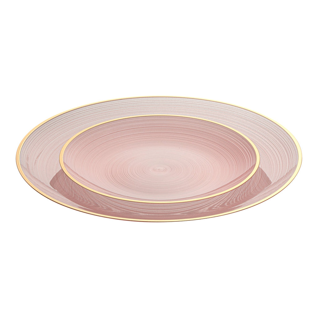 Moderna Round Pink Translucent Plastic Gold-Rimmed Plate Set - Rippled, Includes 7 1/4" and 10" Plates - 200 count box