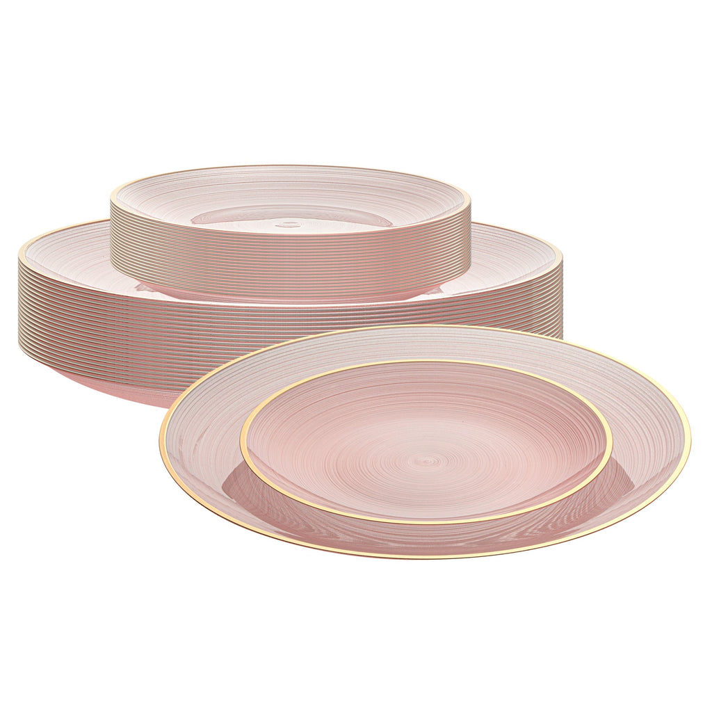 Moderna Round Pink Translucent Plastic Gold-Rimmed Plate Set - Rippled, Includes 7 1/4" and 10" Plates - 200 count box