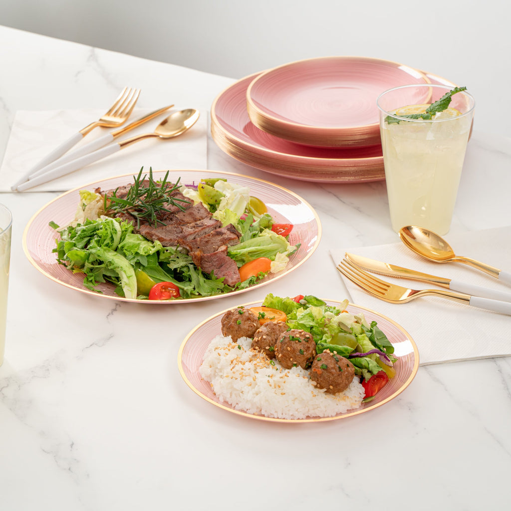 Moderna Round Pink Translucent Plastic Gold-Rimmed Plate Set - Rippled, Includes 7 1/4" and 10" Plates - 40 count box