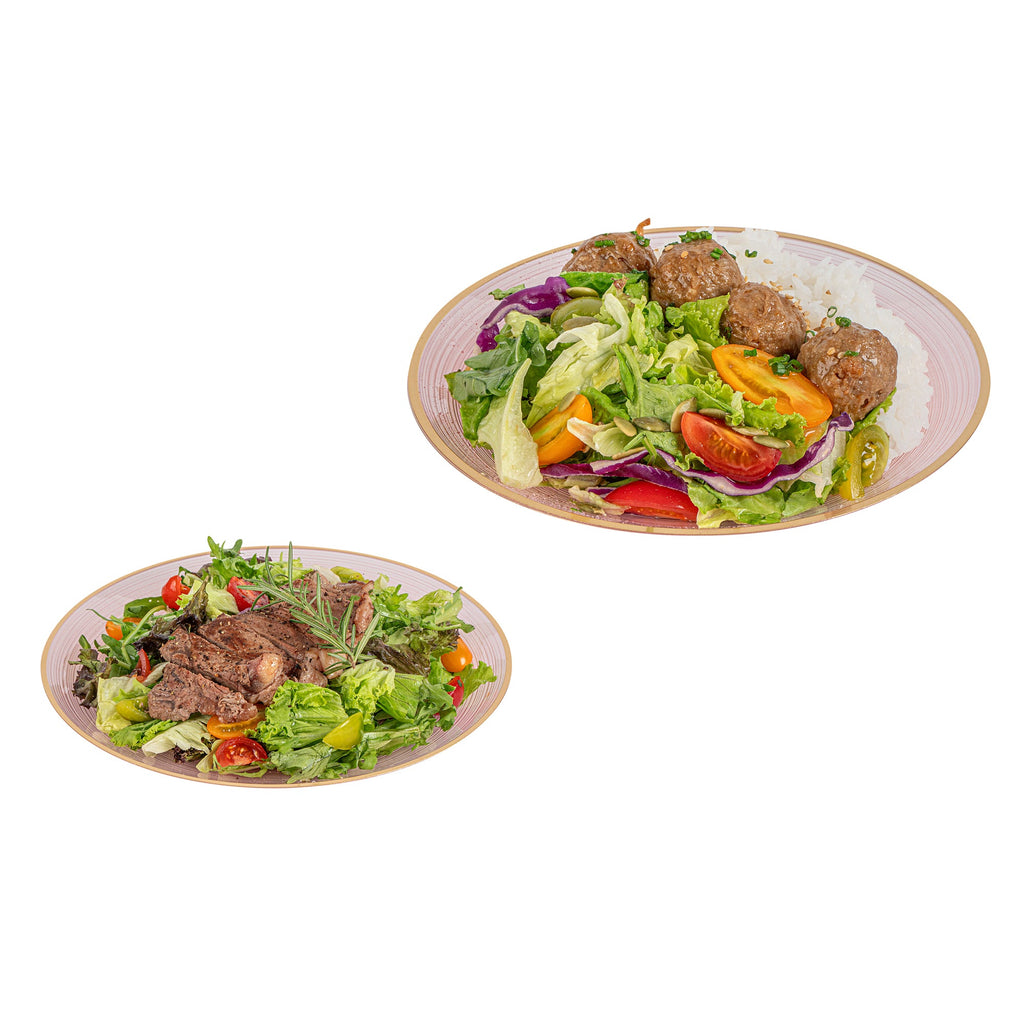 Moderna Round Pink Translucent Plastic Gold-Rimmed Plate Set - Rippled, Includes 7 1/4" and 10" Plates - 40 count box