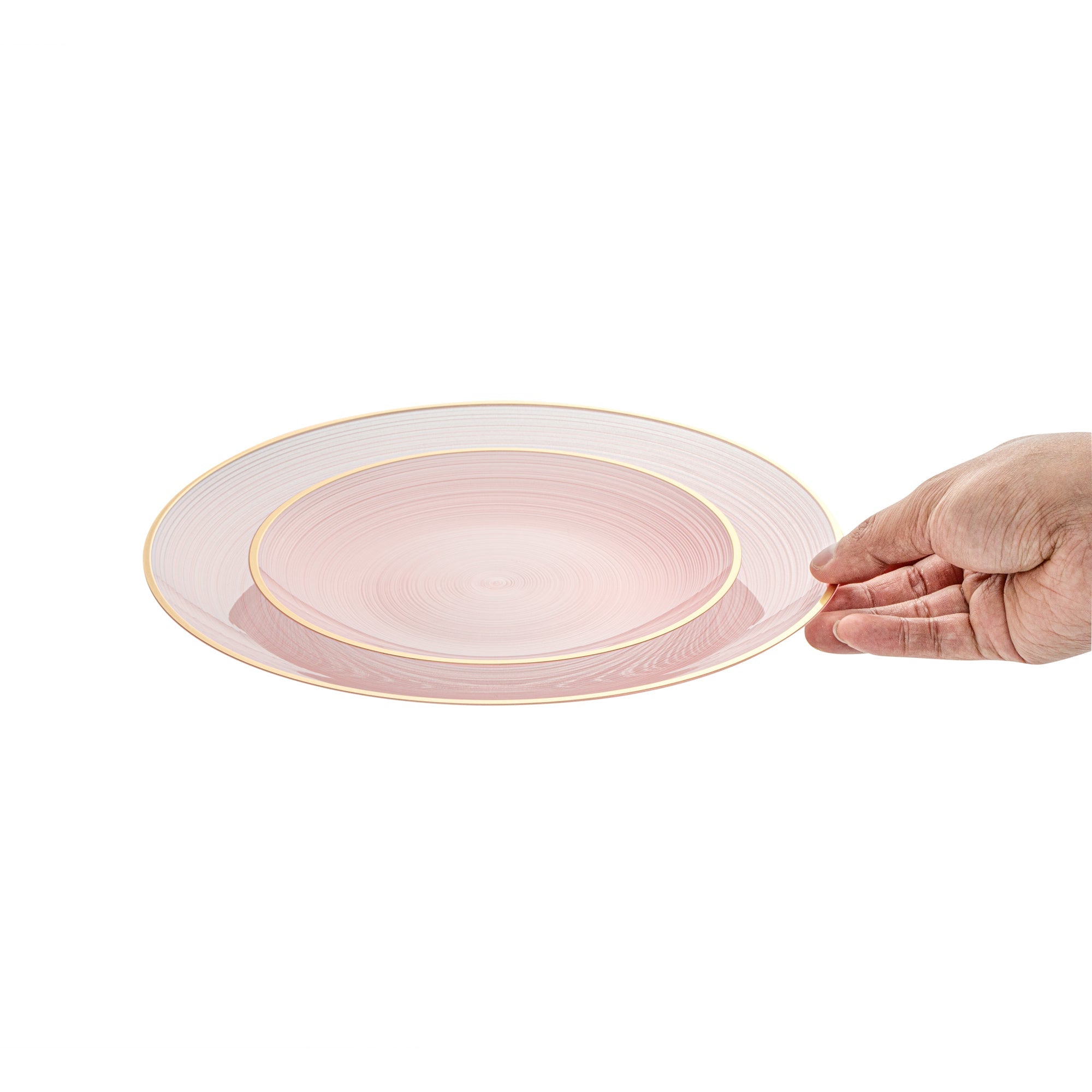 Moderna Round Pink Translucent Plastic Gold-Rimmed Plate Set - Rippled, Includes 7 1/4" and 10" Plates - 40 count box