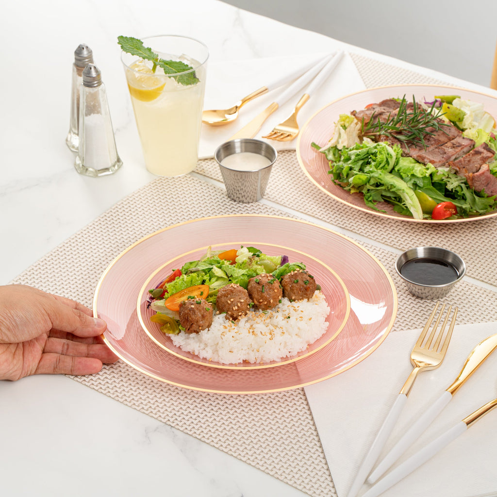 Moderna Round Pink Translucent Plastic Gold-Rimmed Plate Set - Rippled, Includes 7 1/4" and 10" Plates - 40 count box