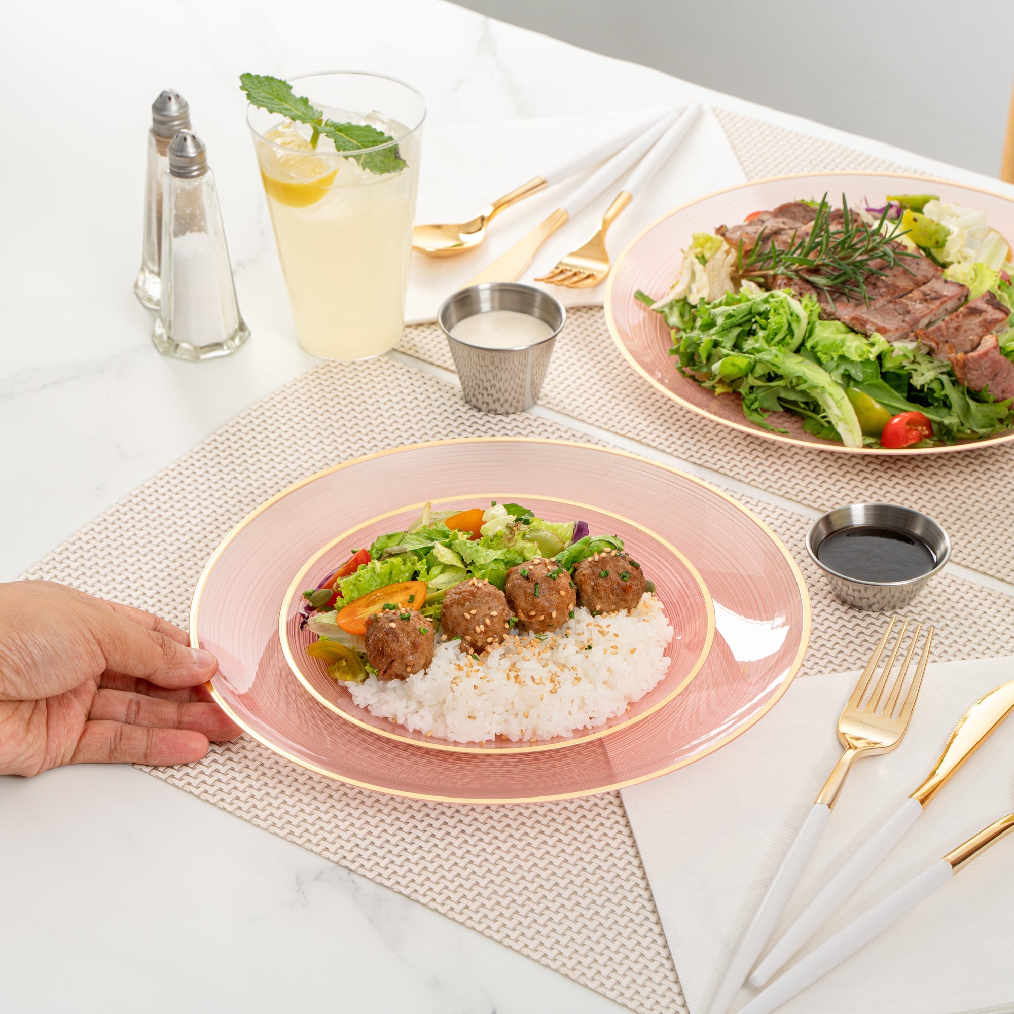 Moderna Round Pink Translucent Plastic Gold-Rimmed Plate Set - Rippled, Includes 7 1/4" and 10" Plates - 40 count box