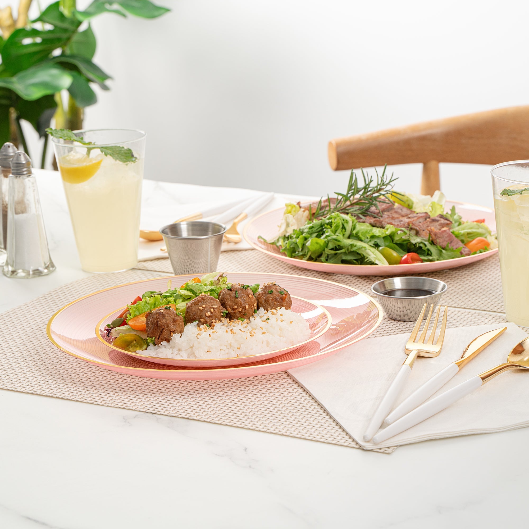 Moderna Round Pink Translucent Plastic Gold-Rimmed Plate Set - Rippled, Includes 7 1/4" and 10" Plates - 40 count box