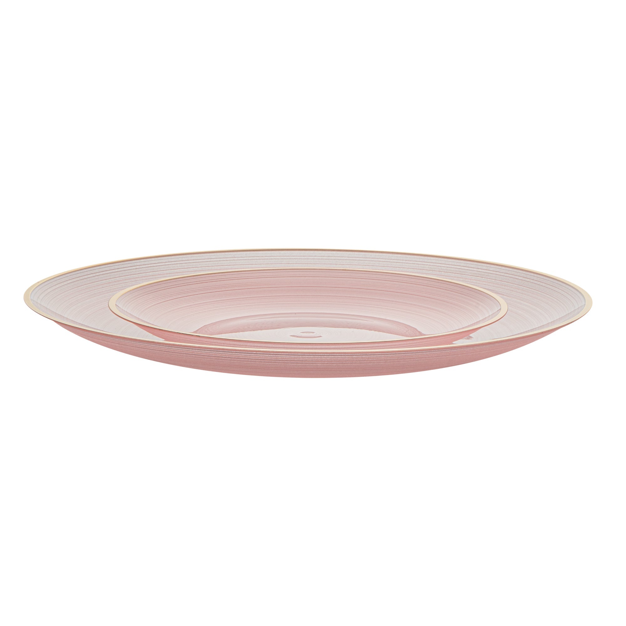 Moderna Round Pink Translucent Plastic Gold-Rimmed Plate Set - Rippled, Includes 7 1/4" and 10" Plates - 200 count box
