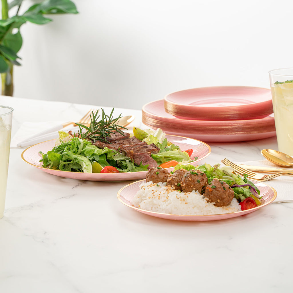 Moderna Round Pink Translucent Plastic Gold-Rimmed Plate Set - Rippled, Includes 7 1/4" and 10" Plates - 200 count box