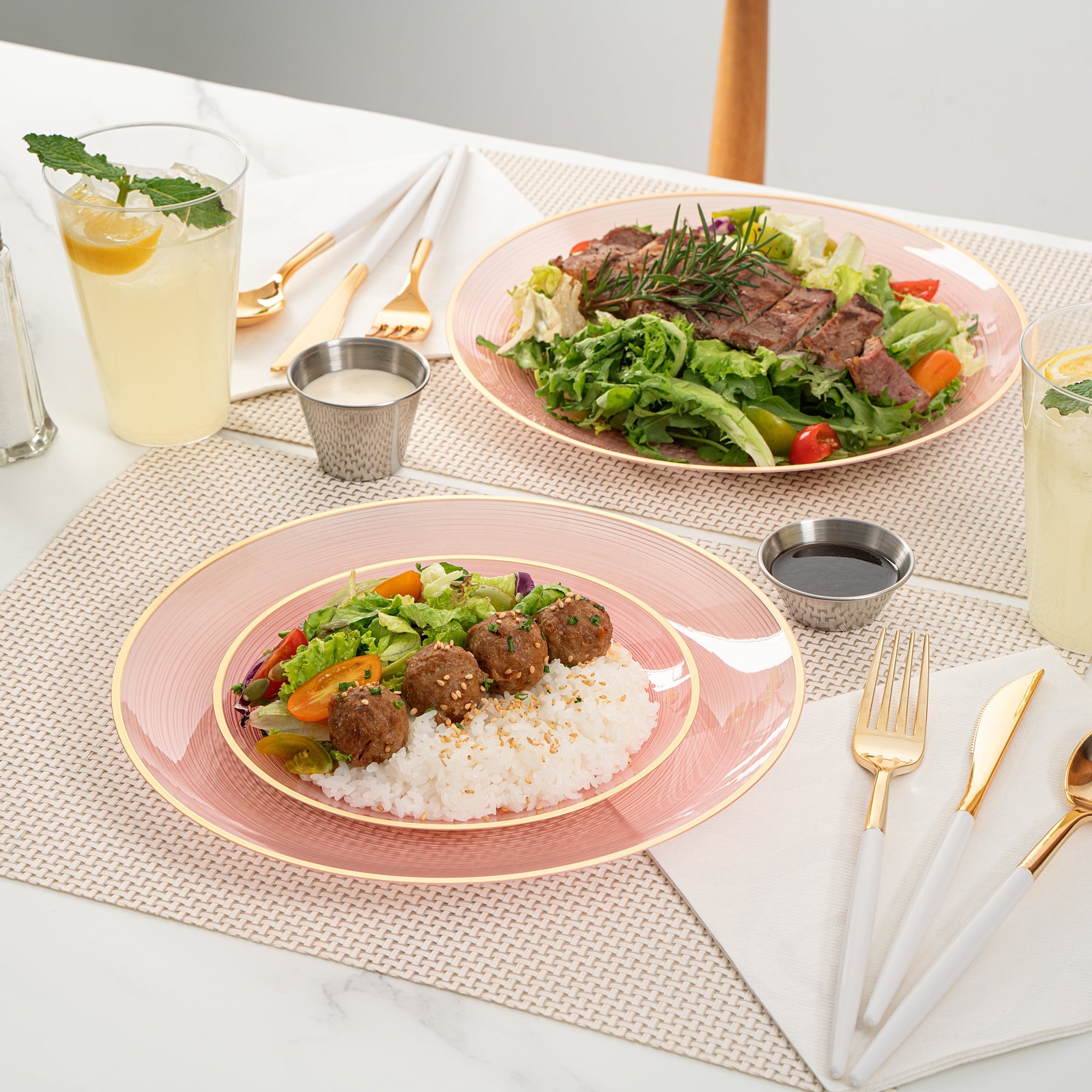 Moderna Round Pink Translucent Plastic Gold-Rimmed Plate Set - Rippled, Includes 7 1/4" and 10" Plates - 200 count box