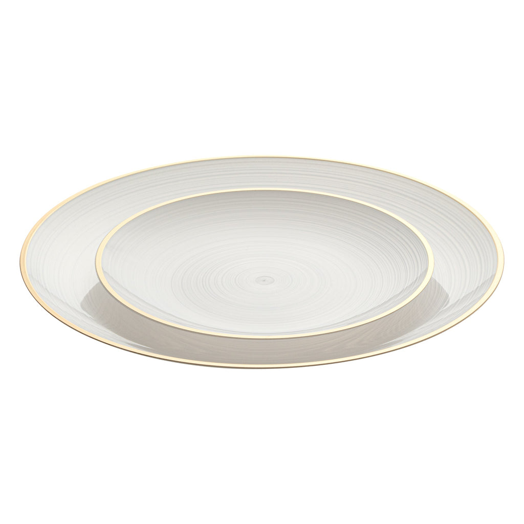 Moderna Round White Translucent Plastic Gold-Rimmed Plate Set - Rippled, Includes 7 1/4" and 10" Plates - 200 count box