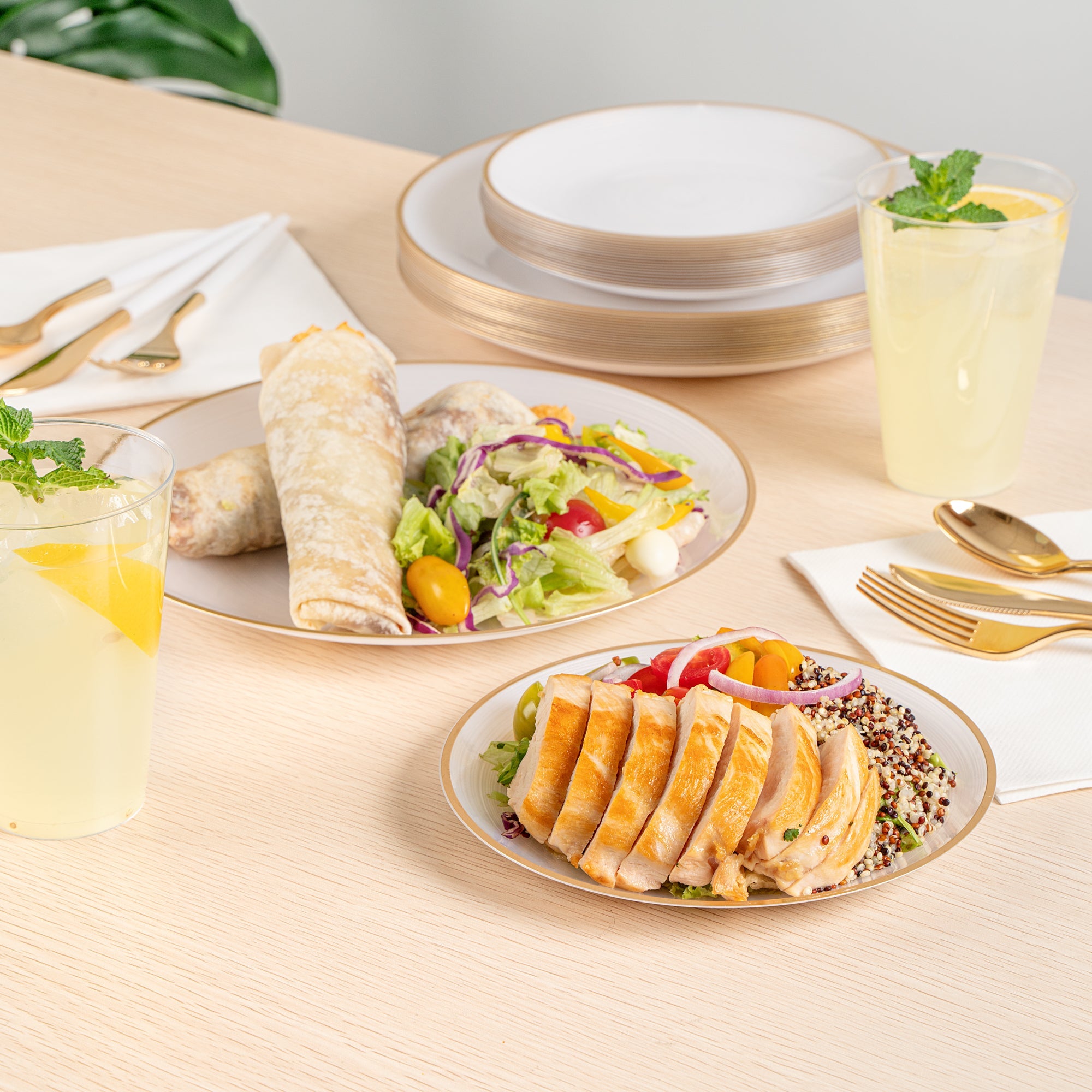 Moderna Round White Translucent Plastic Gold-Rimmed Plate Set - Rippled, Includes 7 1/4" and 10" Plates - 200 count box