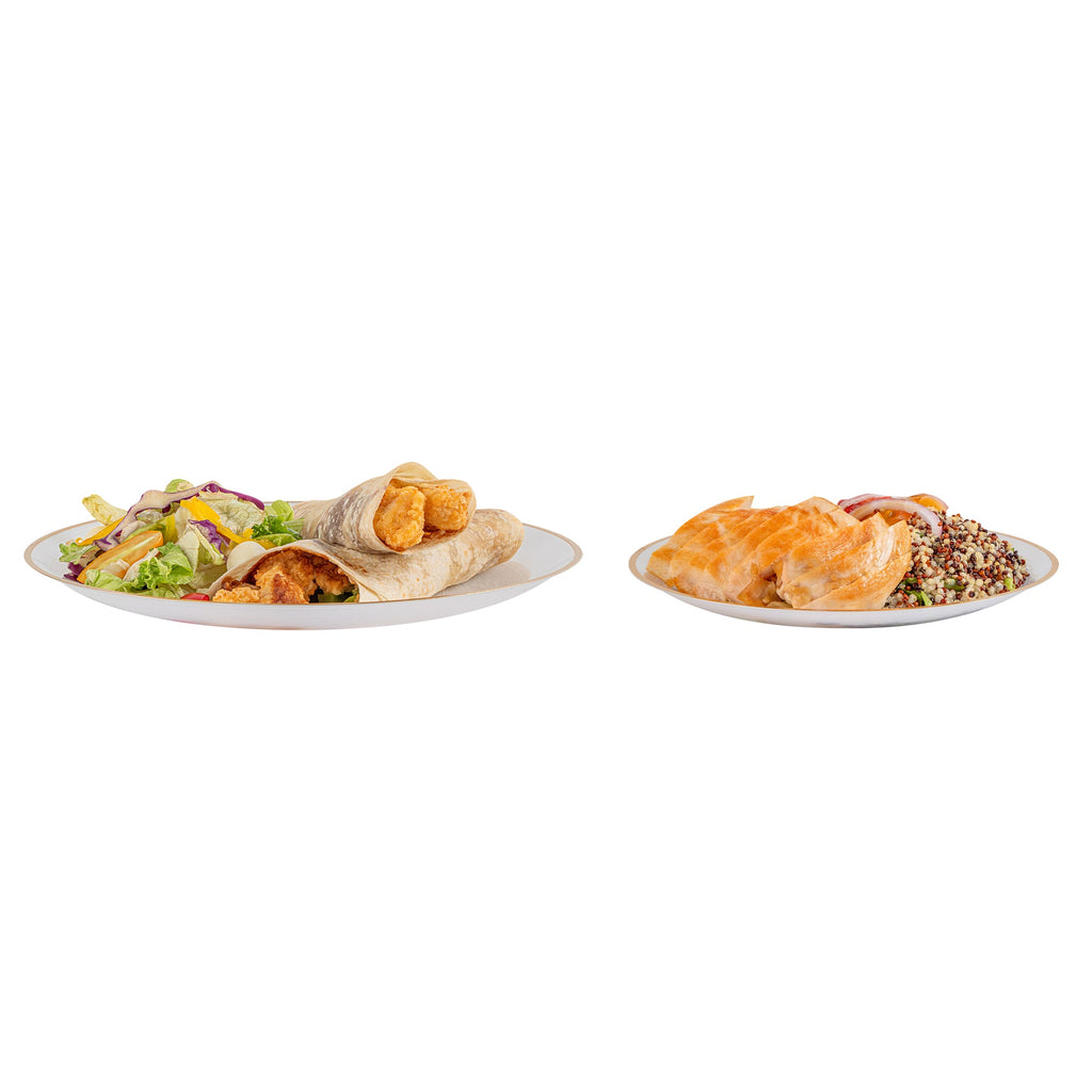 Moderna Round White Translucent Plastic Gold-Rimmed Plate Set - Rippled, Includes 7 1/4" and 10" Plates - 40 count box