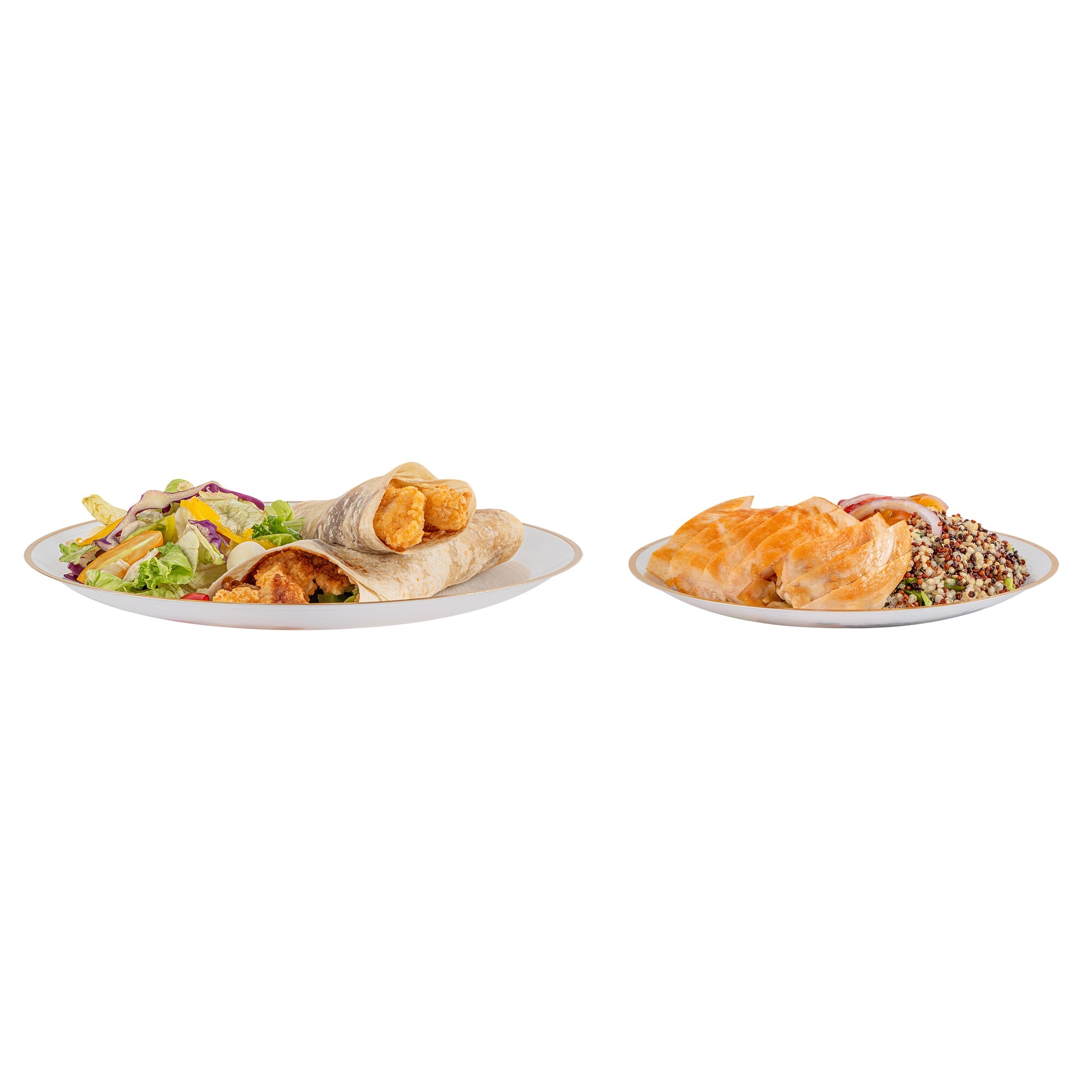 Moderna Round White Translucent Plastic Gold-Rimmed Plate Set - Rippled, Includes 7 1/4" and 10" Plates - 40 count box