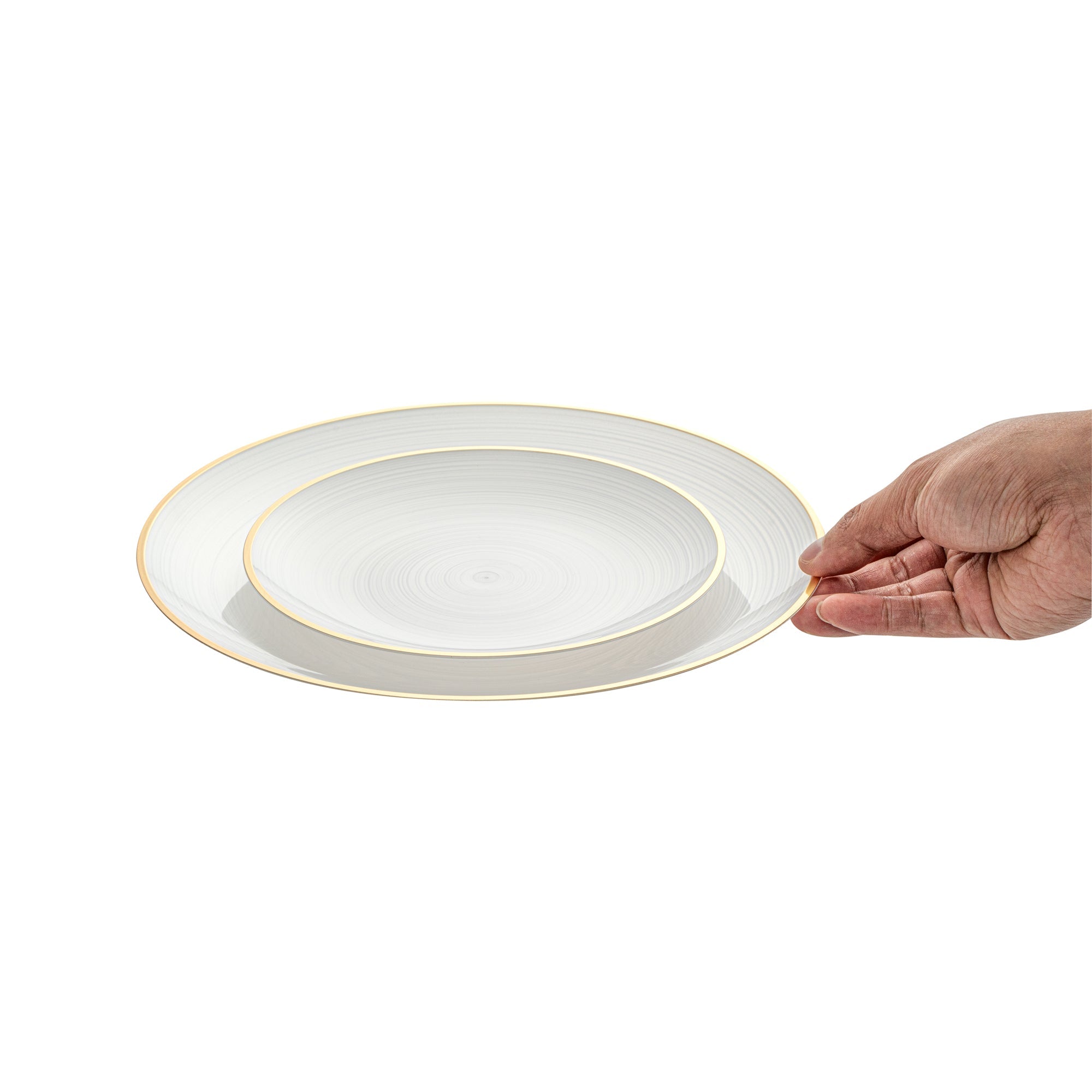 Moderna Round White Translucent Plastic Gold-Rimmed Plate Set - Rippled, Includes 7 1/4" and 10" Plates - 40 count box