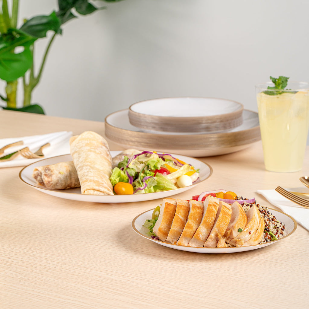 Moderna Round White Translucent Plastic Gold-Rimmed Plate Set - Rippled, Includes 7 1/4" and 10" Plates - 40 count box