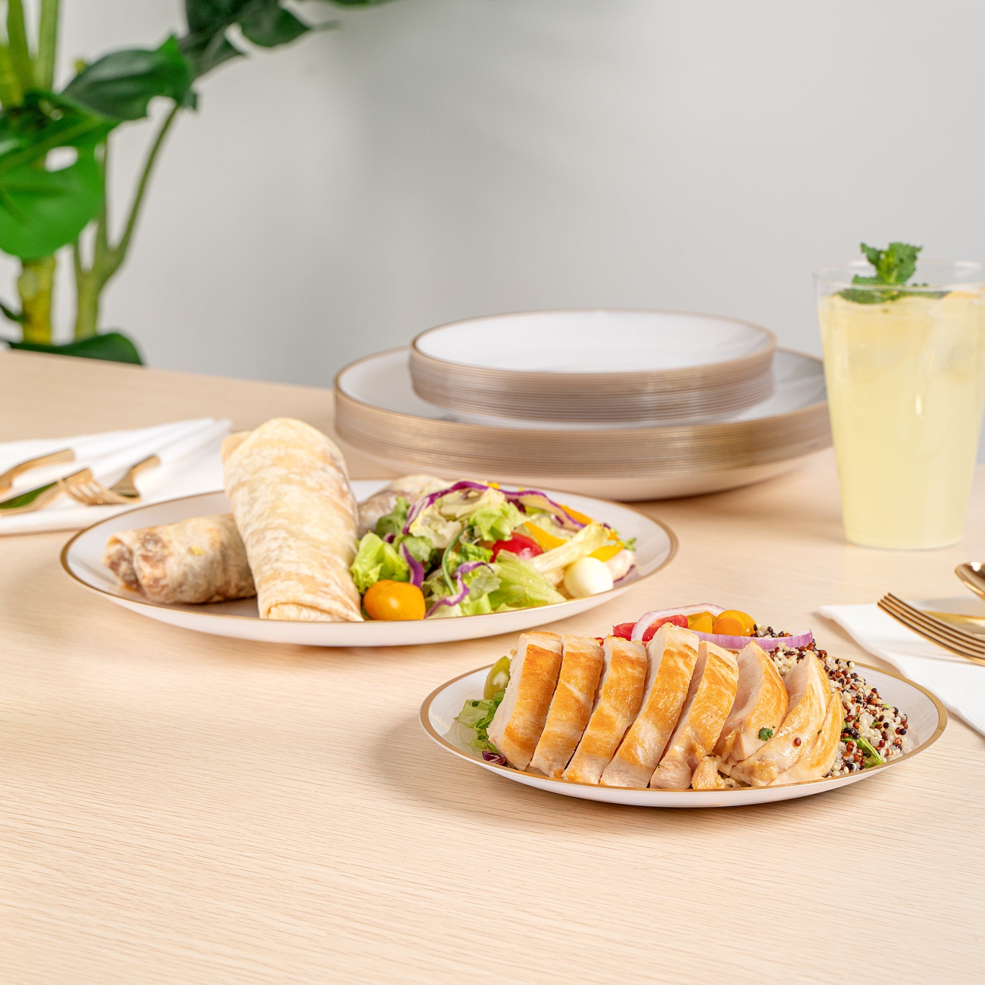 Moderna Round White Translucent Plastic Gold-Rimmed Plate Set - Rippled, Includes 7 1/4" and 10" Plates - 40 count box