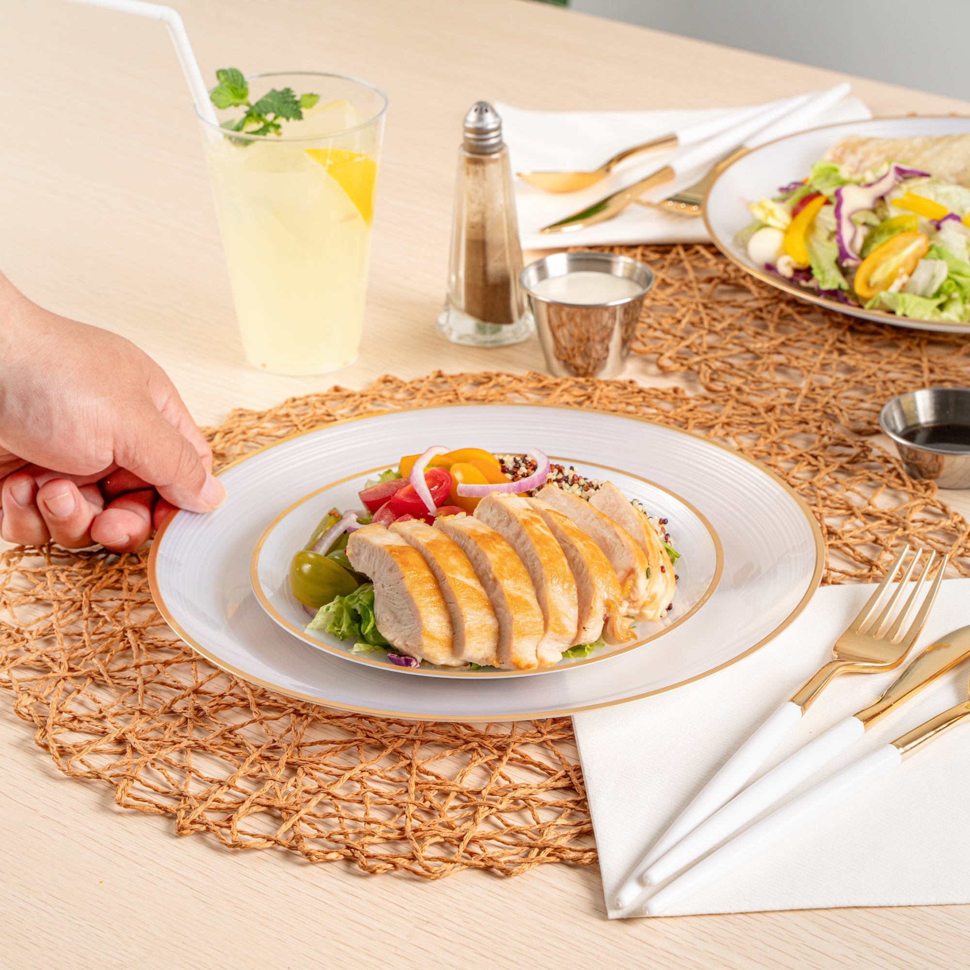 Moderna Round White Translucent Plastic Gold-Rimmed Plate Set - Rippled, Includes 7 1/4" and 10" Plates - 40 count box