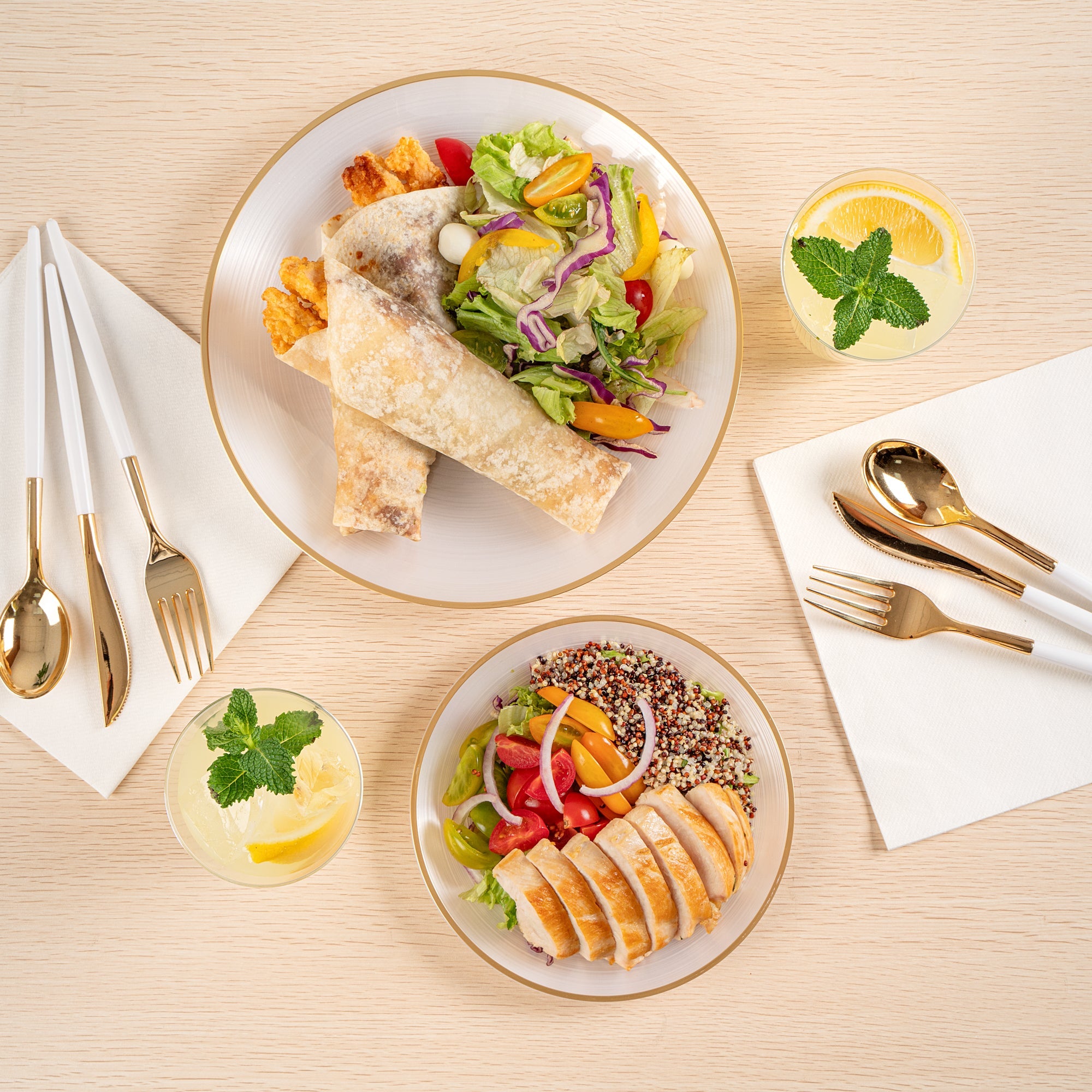 Moderna Round White Translucent Plastic Gold-Rimmed Plate Set - Rippled, Includes 7 1/4" and 10" Plates - 40 count box