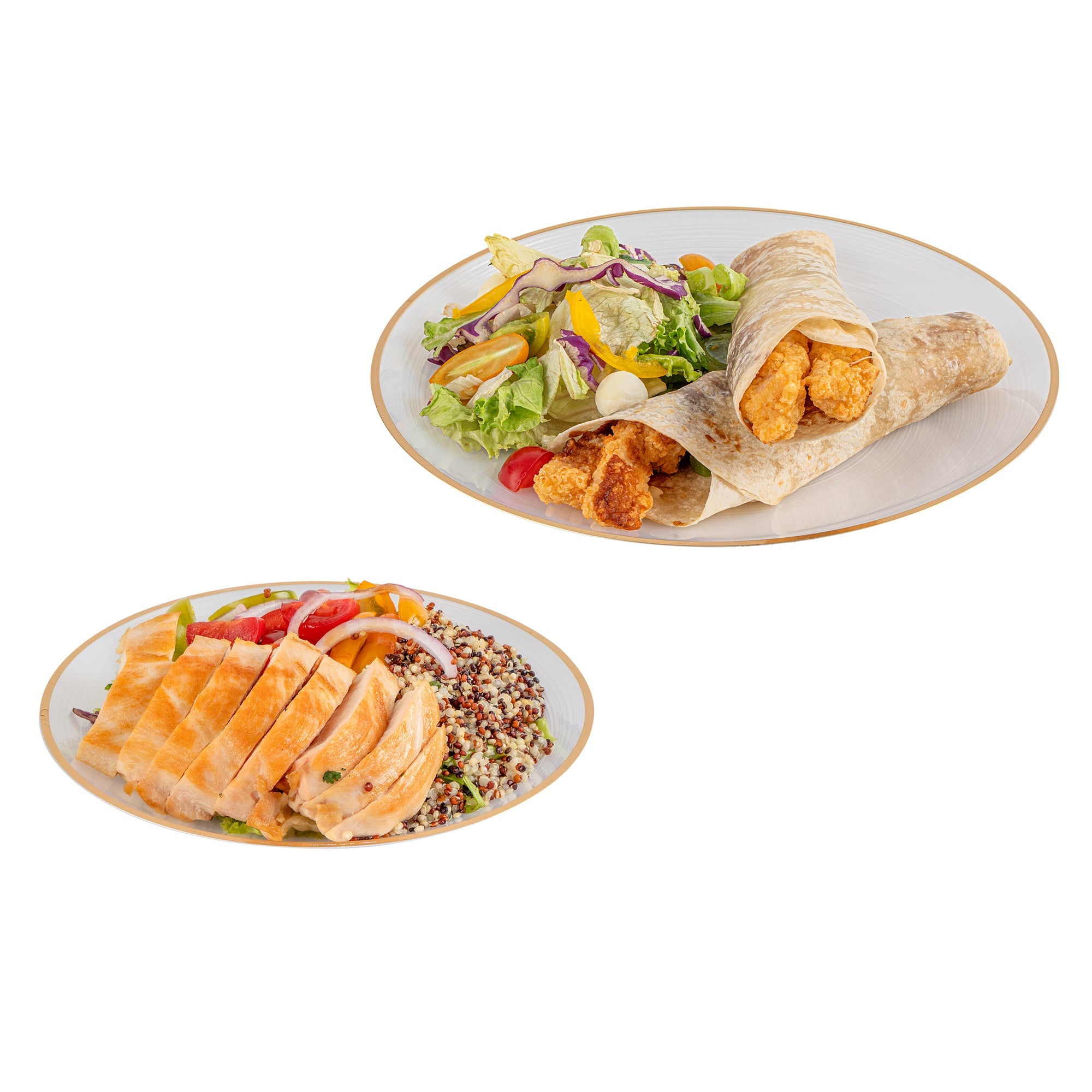 Moderna Round White Translucent Plastic Gold-Rimmed Plate Set - Rippled, Includes 7 1/4" and 10" Plates - 200 count box