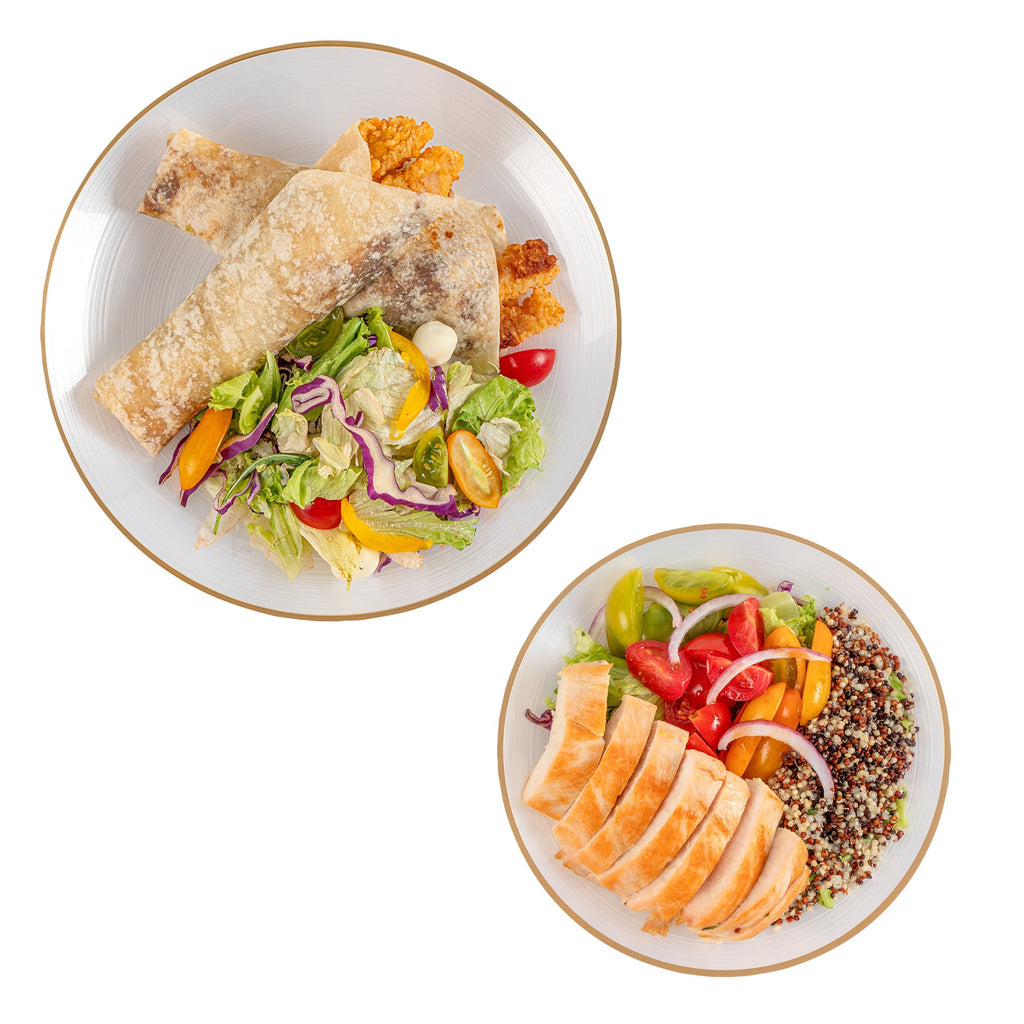 Moderna Round White Translucent Plastic Gold-Rimmed Plate Set - Rippled, Includes 7 1/4" and 10" Plates - 200 count box