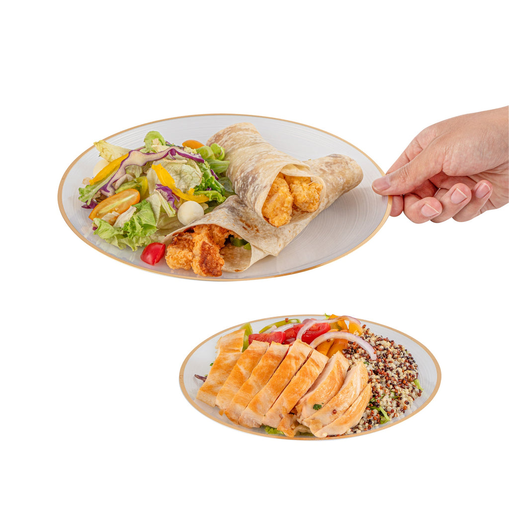 Moderna Round White Translucent Plastic Gold-Rimmed Plate Set - Rippled, Includes 7 1/4" and 10" Plates - 200 count box