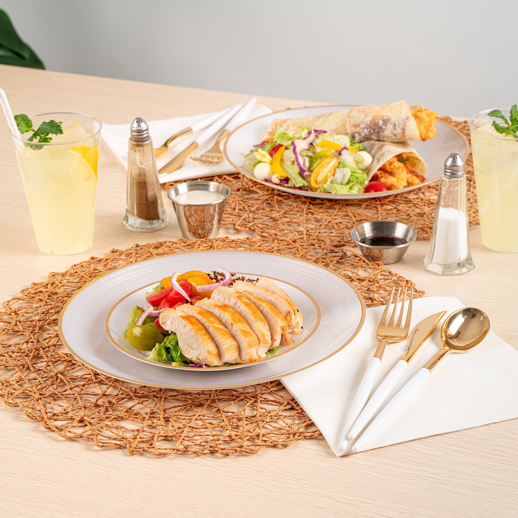 Moderna Round White Translucent Plastic Gold-Rimmed Plate Set - Rippled, Includes 7 1/4" and 10" Plates - 200 count box