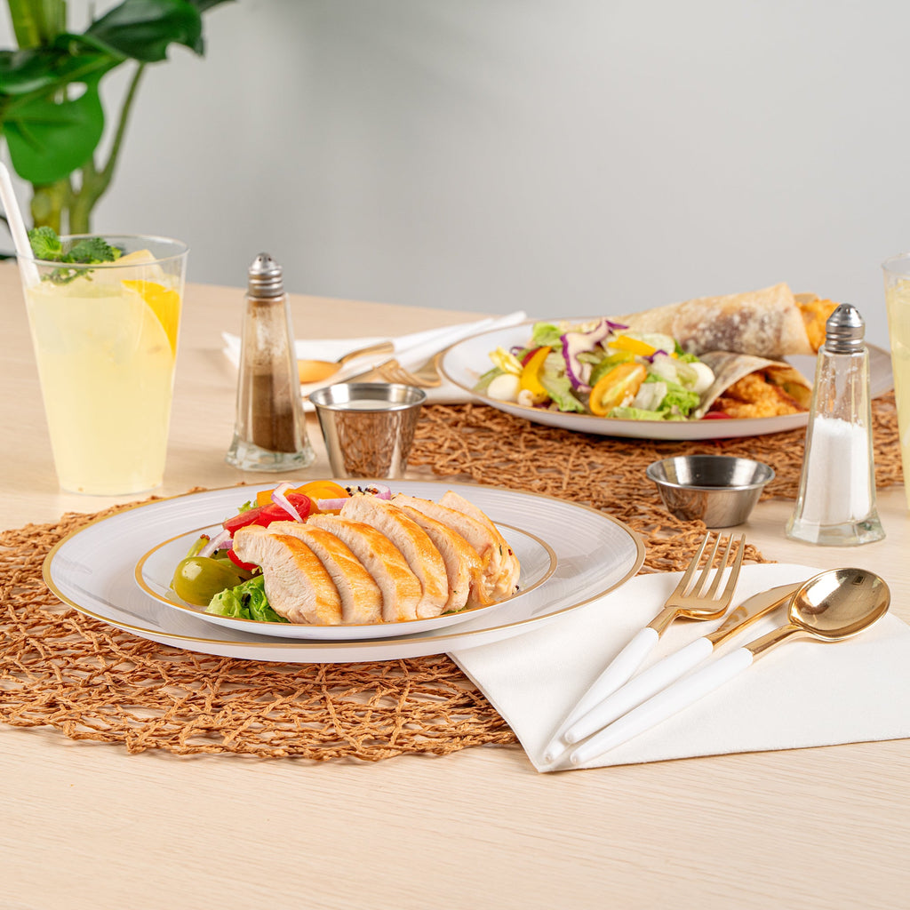 Moderna Round White Translucent Plastic Gold-Rimmed Plate Set - Rippled, Includes 7 1/4" and 10" Plates - 200 count box