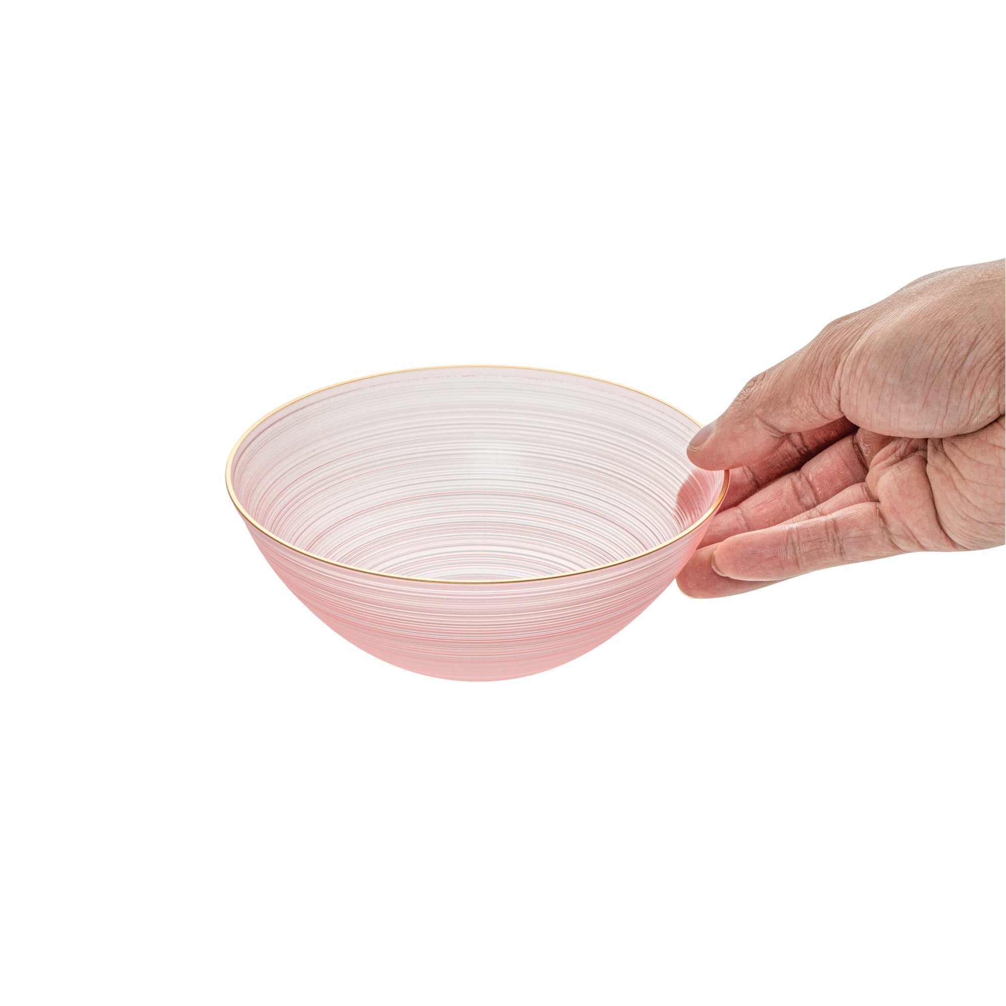 Moderna 16 oz Round Pink Translucent Plastic Gold-Rimmed Bowl - Rippled - 5 1/2" x 5 1/2" x 2" - 20 count box