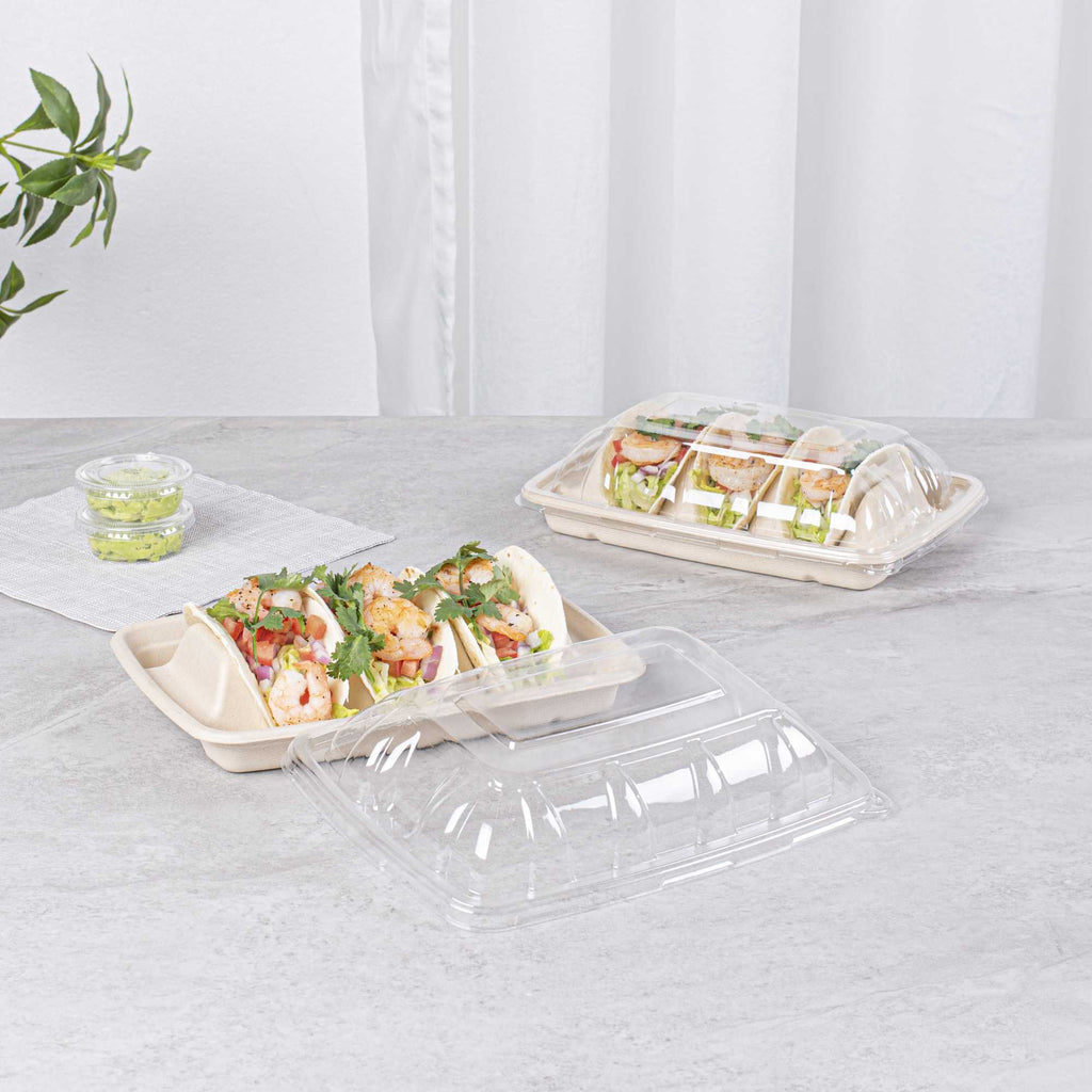 Pulp Safe Clear Plastic Dome Lid - Fits 3-Divider Taco Holder Tray - 50 count box