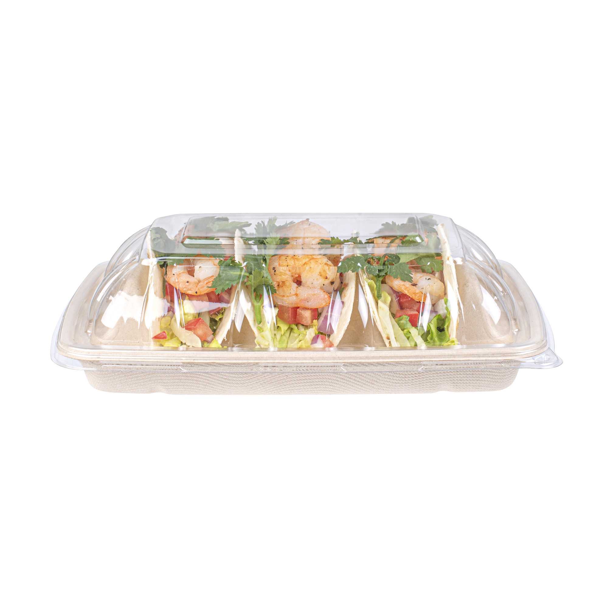 Pulp Safe Clear Plastic Dome Lid - Fits 3-Divider Taco Holder Tray - 100 count box