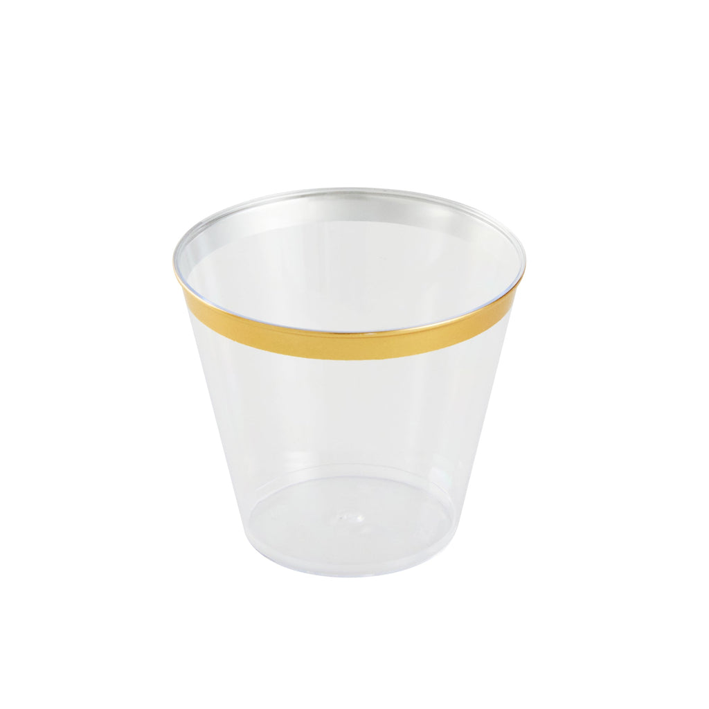 Chef 101 5 oz Clear Plastic Tumbler - with Gold Rim - 2 3/4" x 2 3/4" x 2 1/4" - 500 count box
