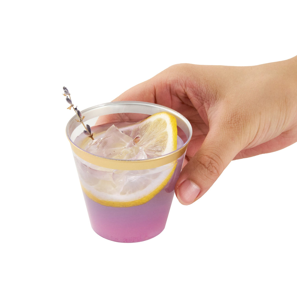 Chef 101 5 oz Clear Plastic Tumbler - with Gold Rim - 2 3/4" x 2 3/4" x 2 1/4" - 20 count box