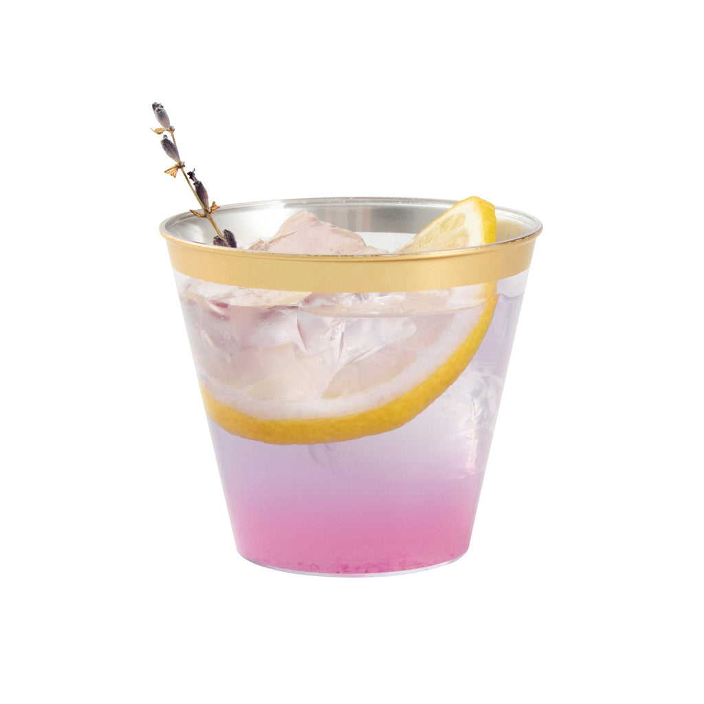 Chef 101 5 oz Clear Plastic Tumbler - with Gold Rim - 2 3/4" x 2 3/4" x 2 1/4" - 20 count box