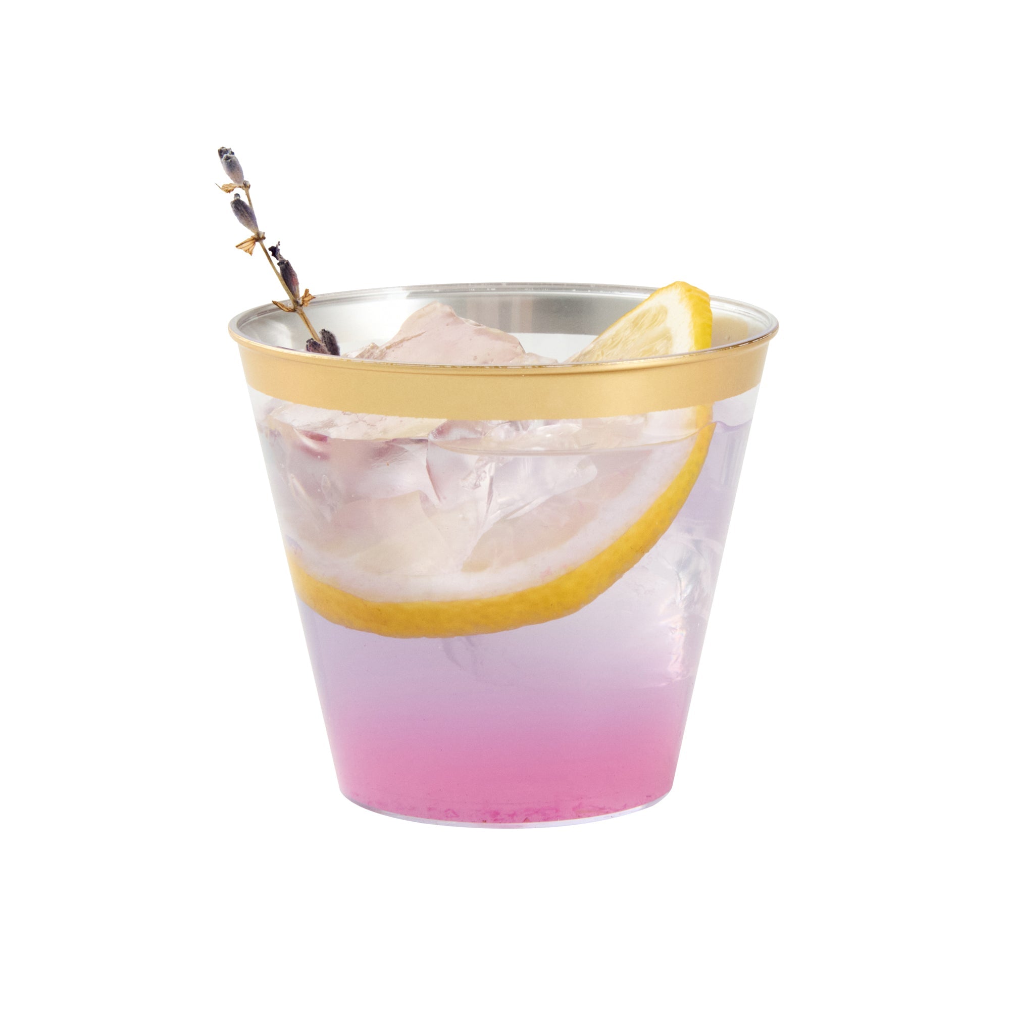 Chef 101 5 oz Clear Plastic Tumbler - with Gold Rim - 2 3/4" x 2 3/4" x 2 1/4" - 20 count box