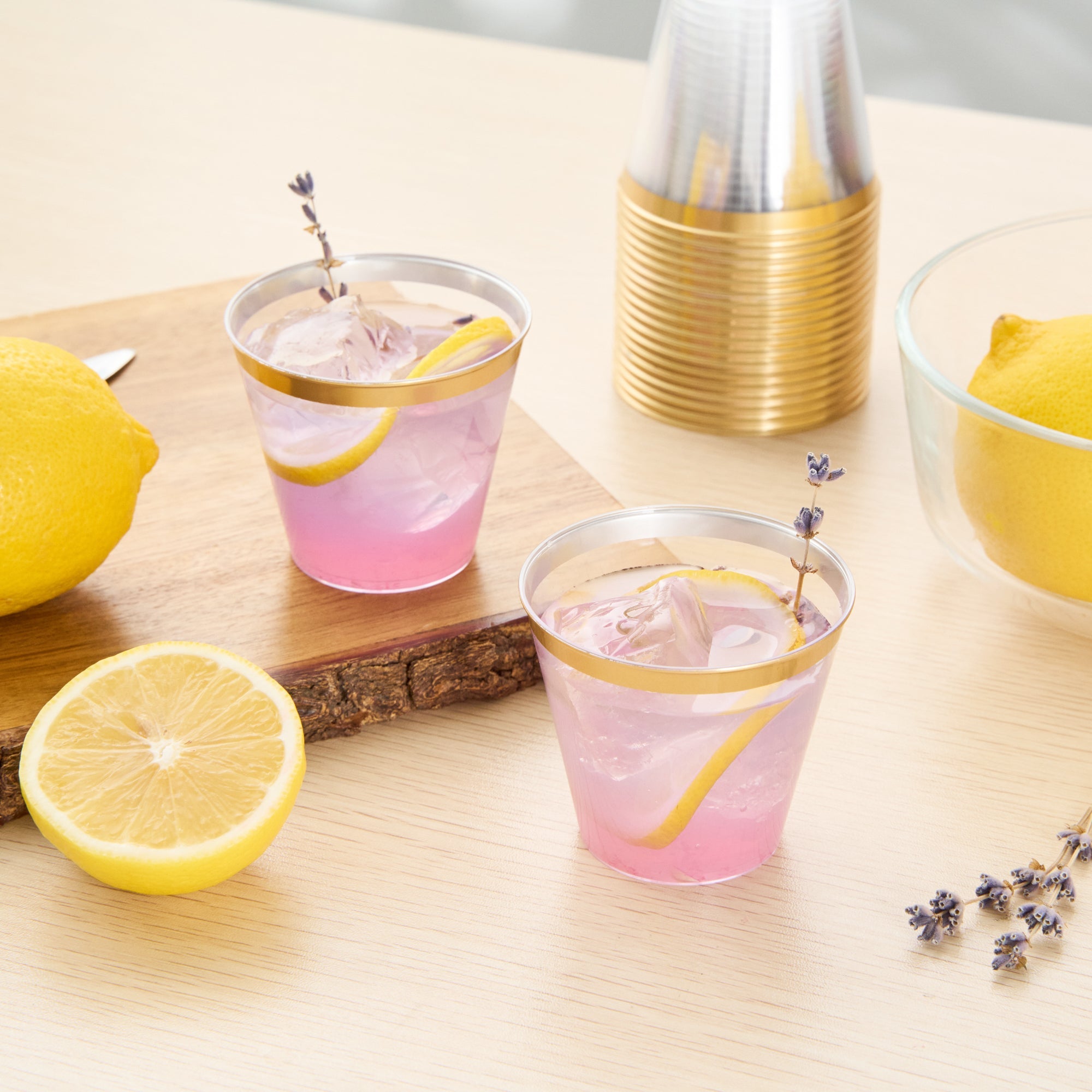 Chef 101 5 oz Clear Plastic Tumbler - with Gold Rim - 2 3/4" x 2 3/4" x 2 1/4" - 20 count box
