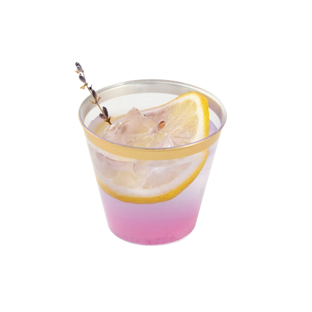 Chef 101 5 oz Clear Plastic Tumbler - with Gold Rim - 2 3/4" x 2 3/4" x 2 1/4" - 500 count box