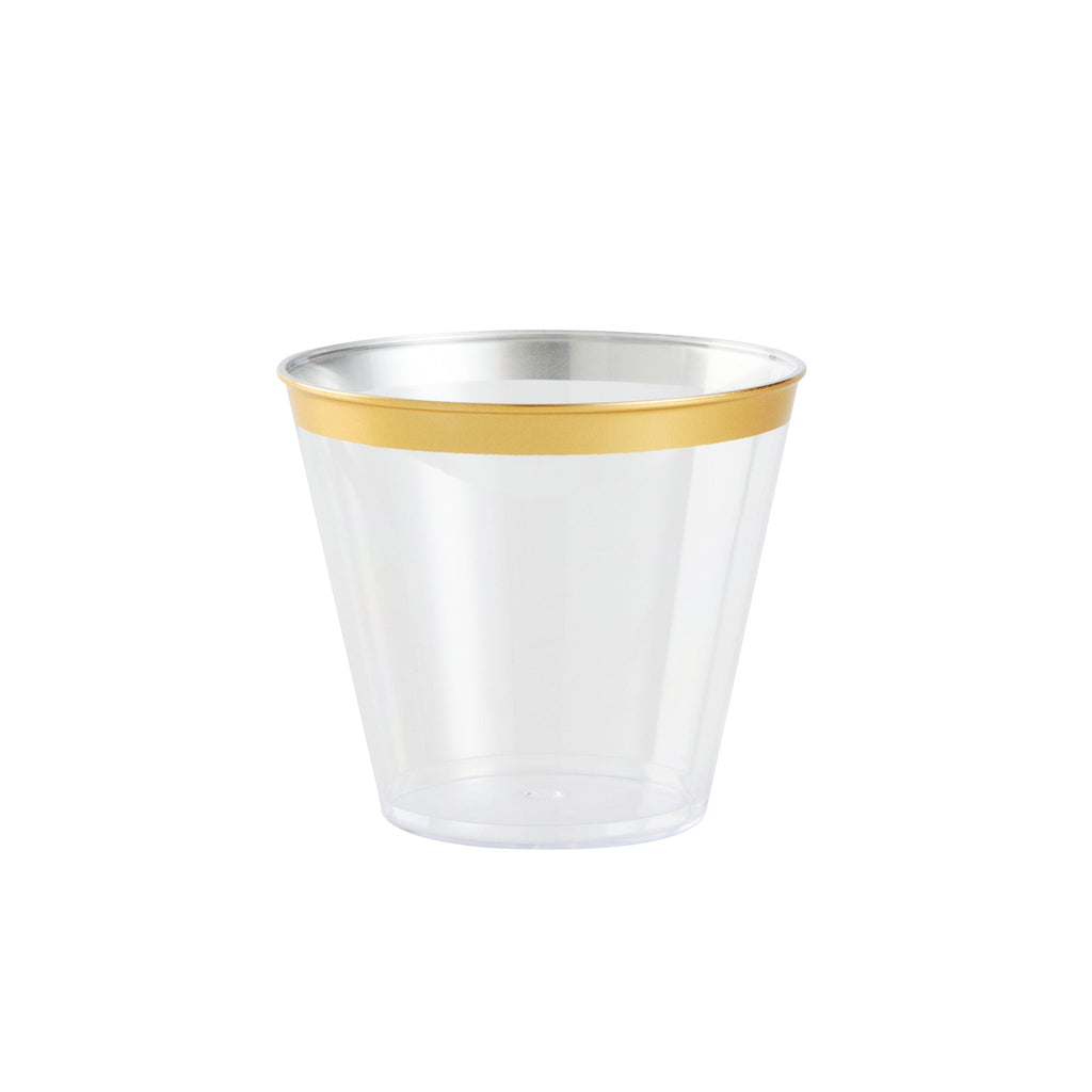Chef 101 5 oz Clear Plastic Tumbler - with Gold Rim - 2 3/4" x 2 3/4" x 2 1/4" - 500 count box